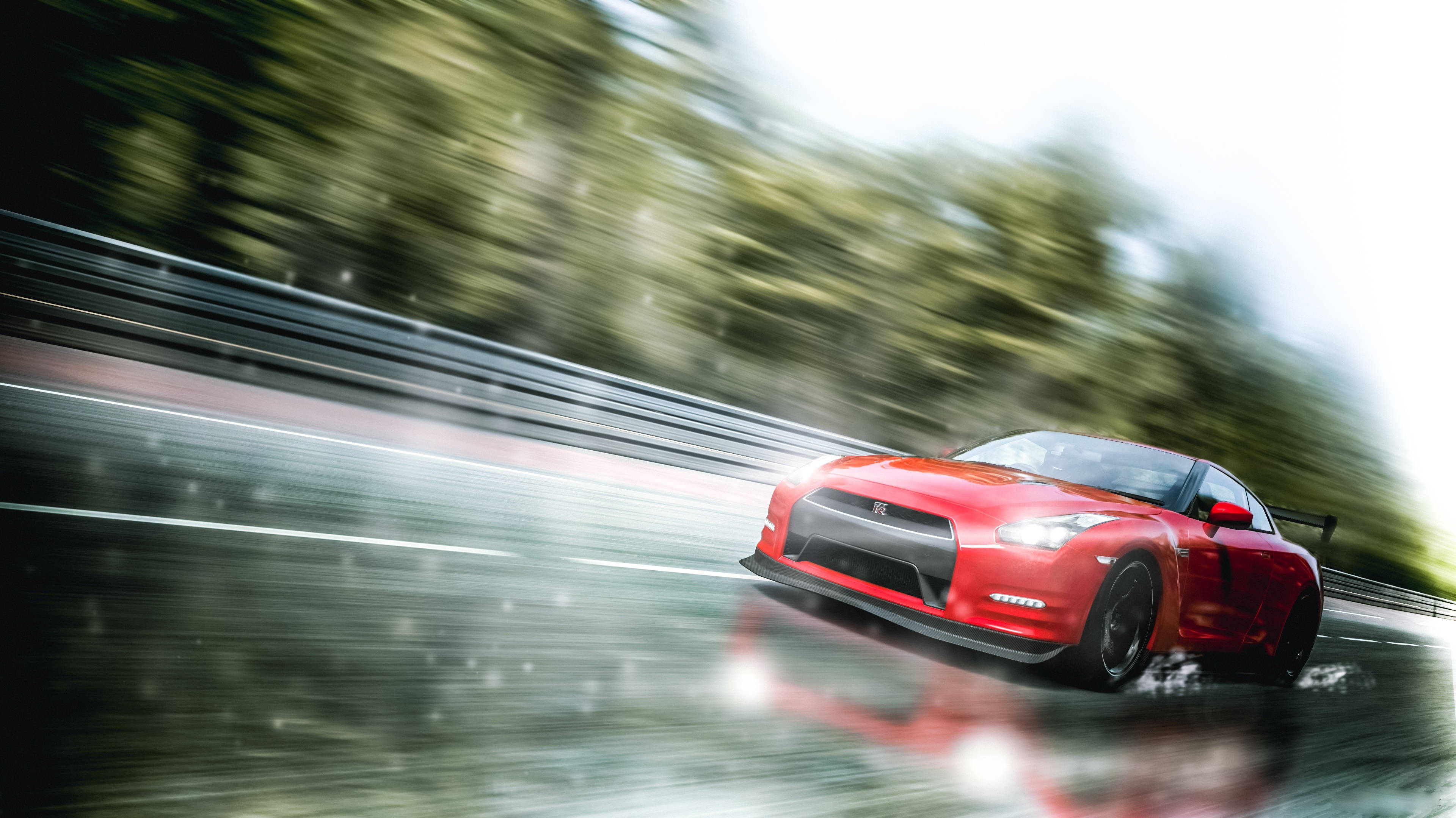 Nissan GT R, red, wet racetrack, 4K Desktop Wallpaper