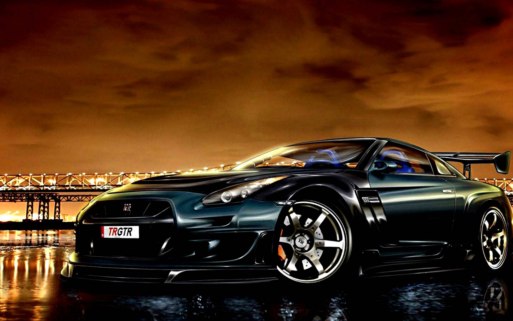 Nissan GT-R, black, fiery orange twilight sky, HD Desktop Wallpaper
