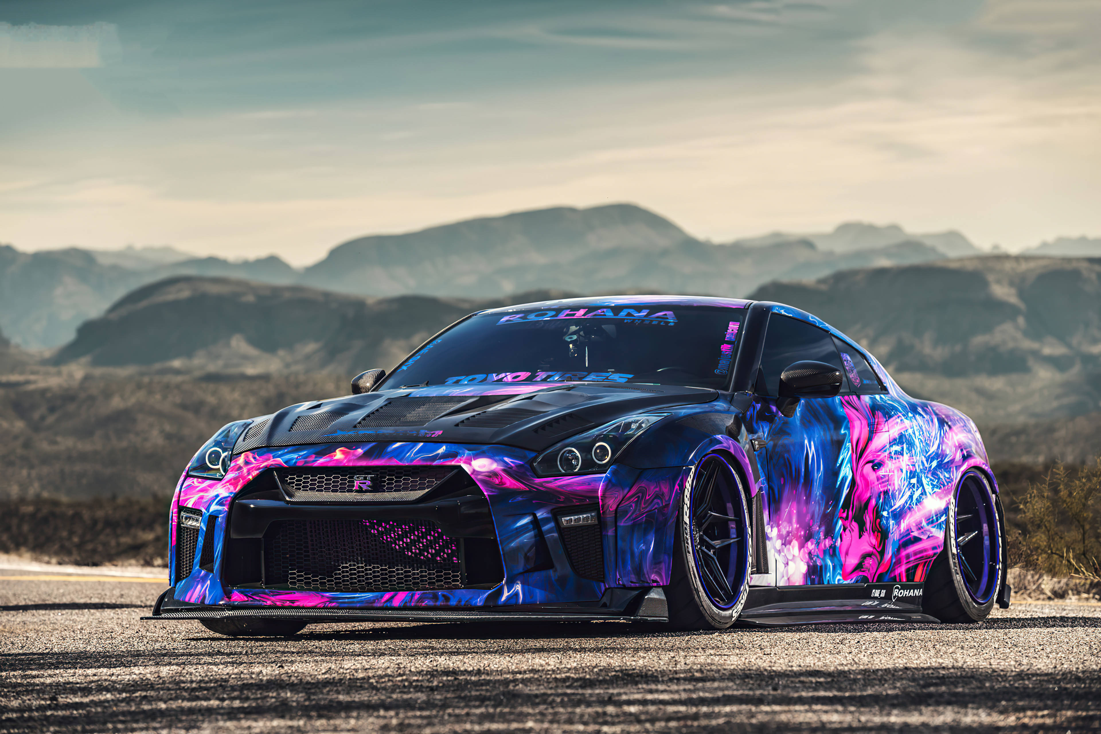 Nissan GT-R, graffiti-style, vibrant purple, 4K Desktop Wallpaper