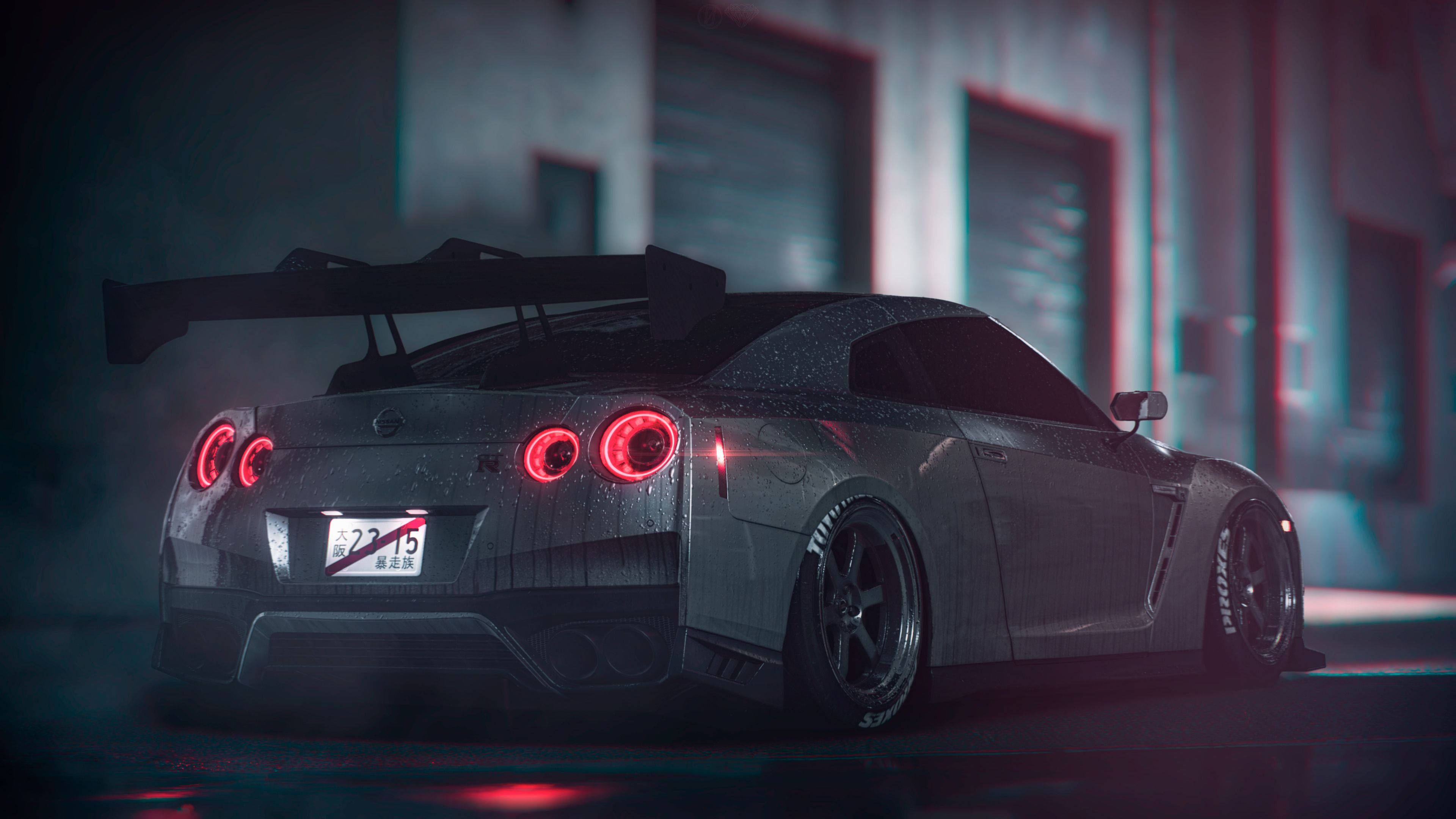 Nissan GT R, glowing red taillights, misty urban alley, 4K Desktop Wallpaper