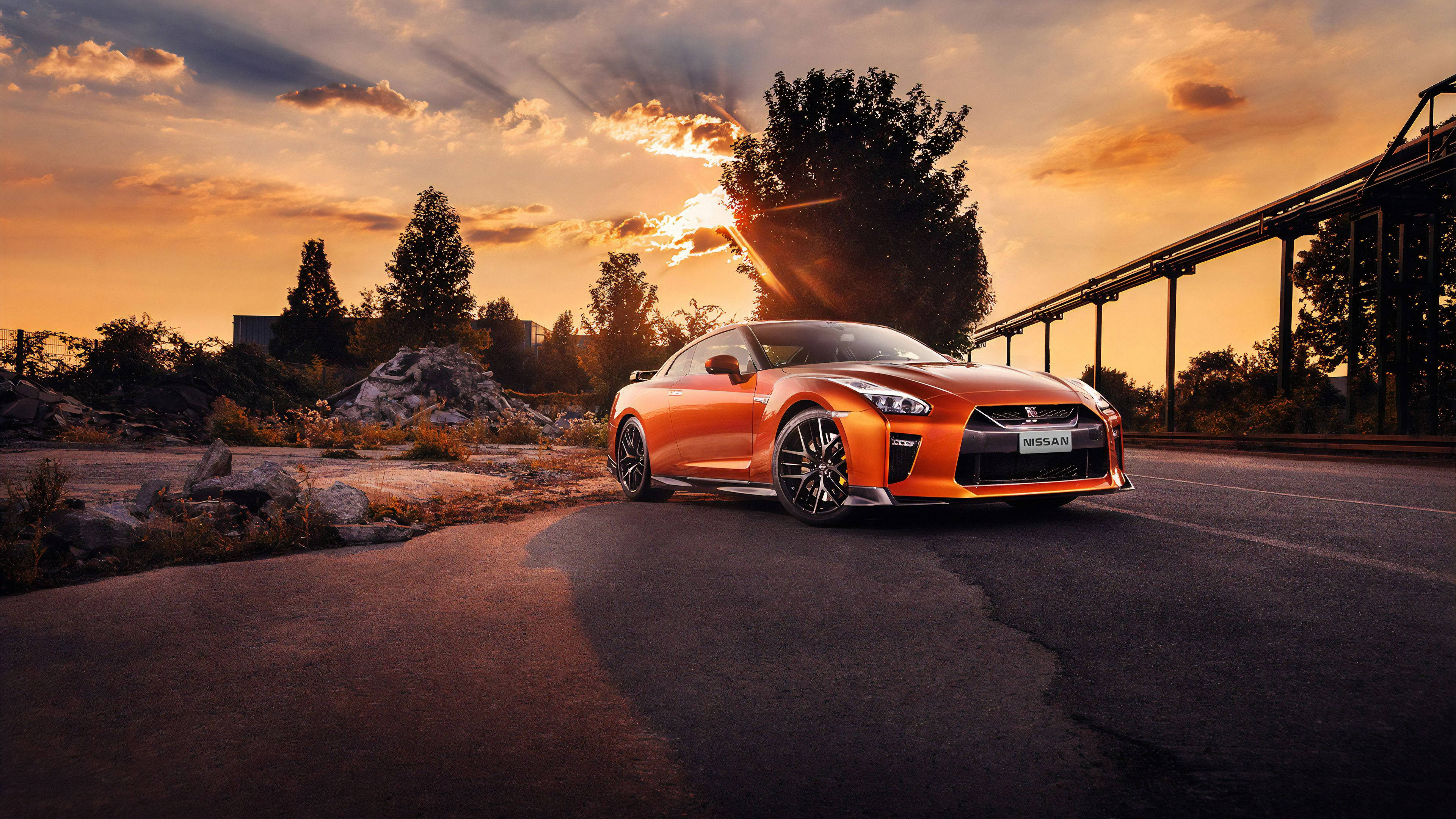Nissan GT-R, orange, sunset, 4K Desktop Wallpaper