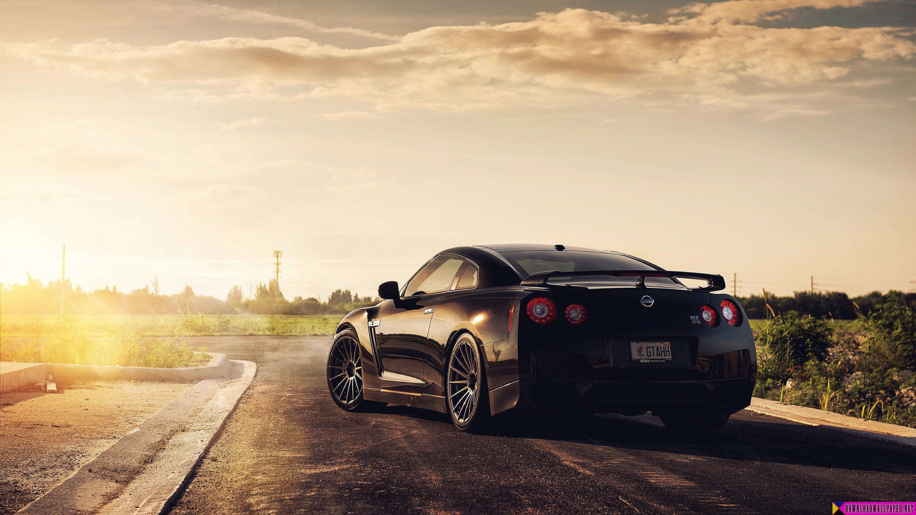 Nissan GT R, black, sunset, 4K Desktop Wallpaper