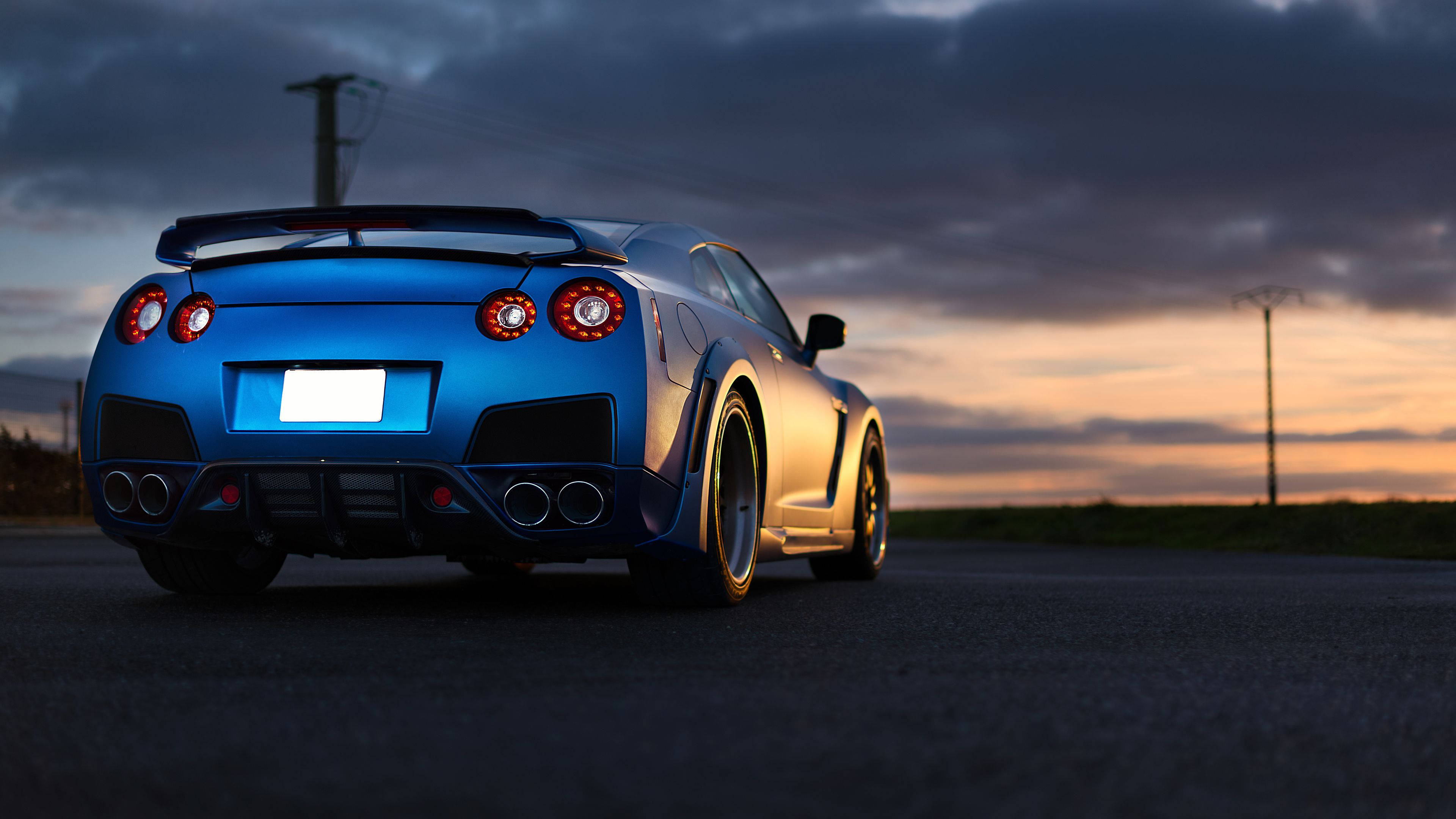 matte blue, Nissan GT R, glowing red taillights, 4K Desktop Wallpaper