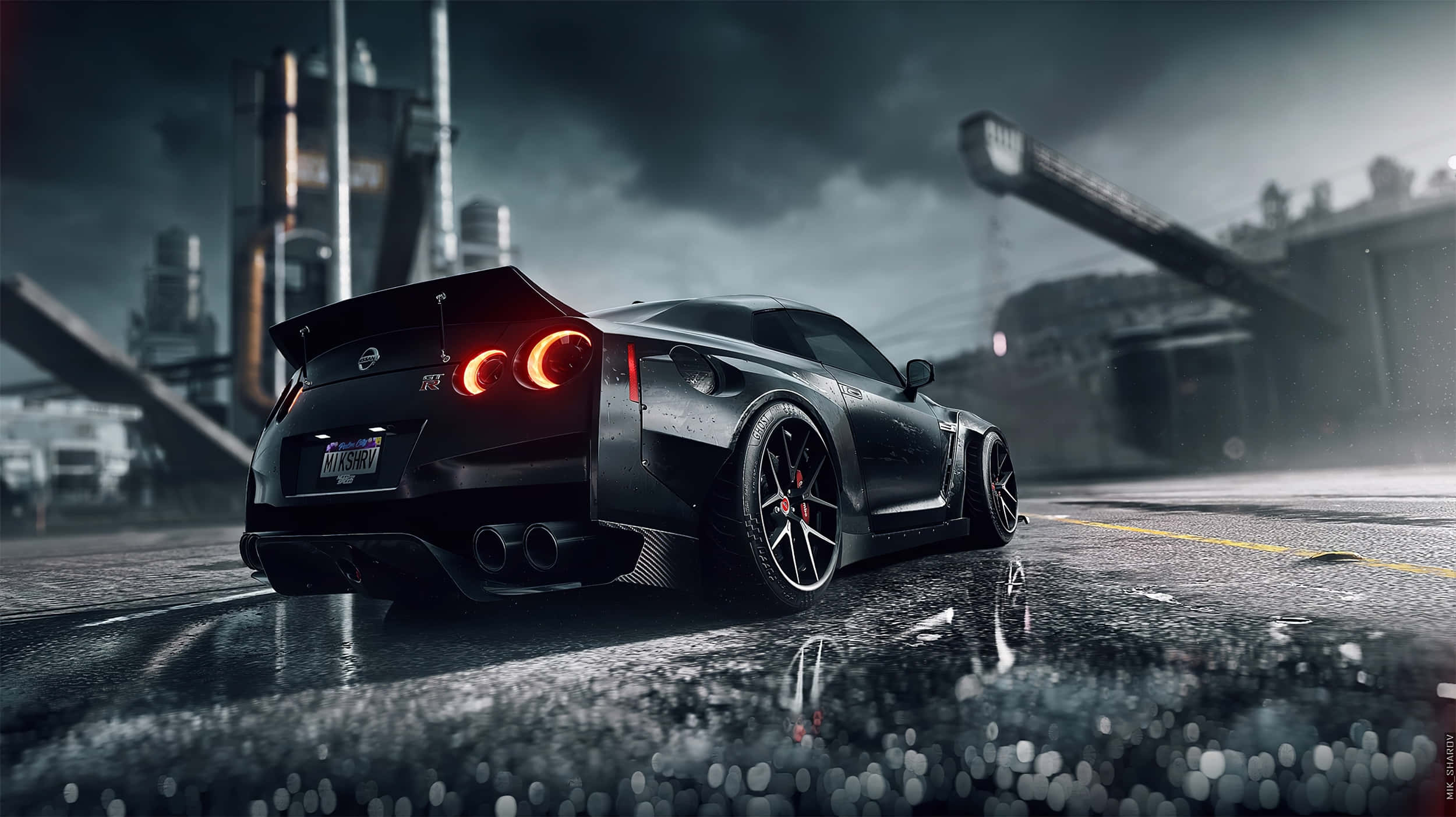 Nissan GT-R, sleek black, glowing orange taillights, Full HD Desktop Wallpaper