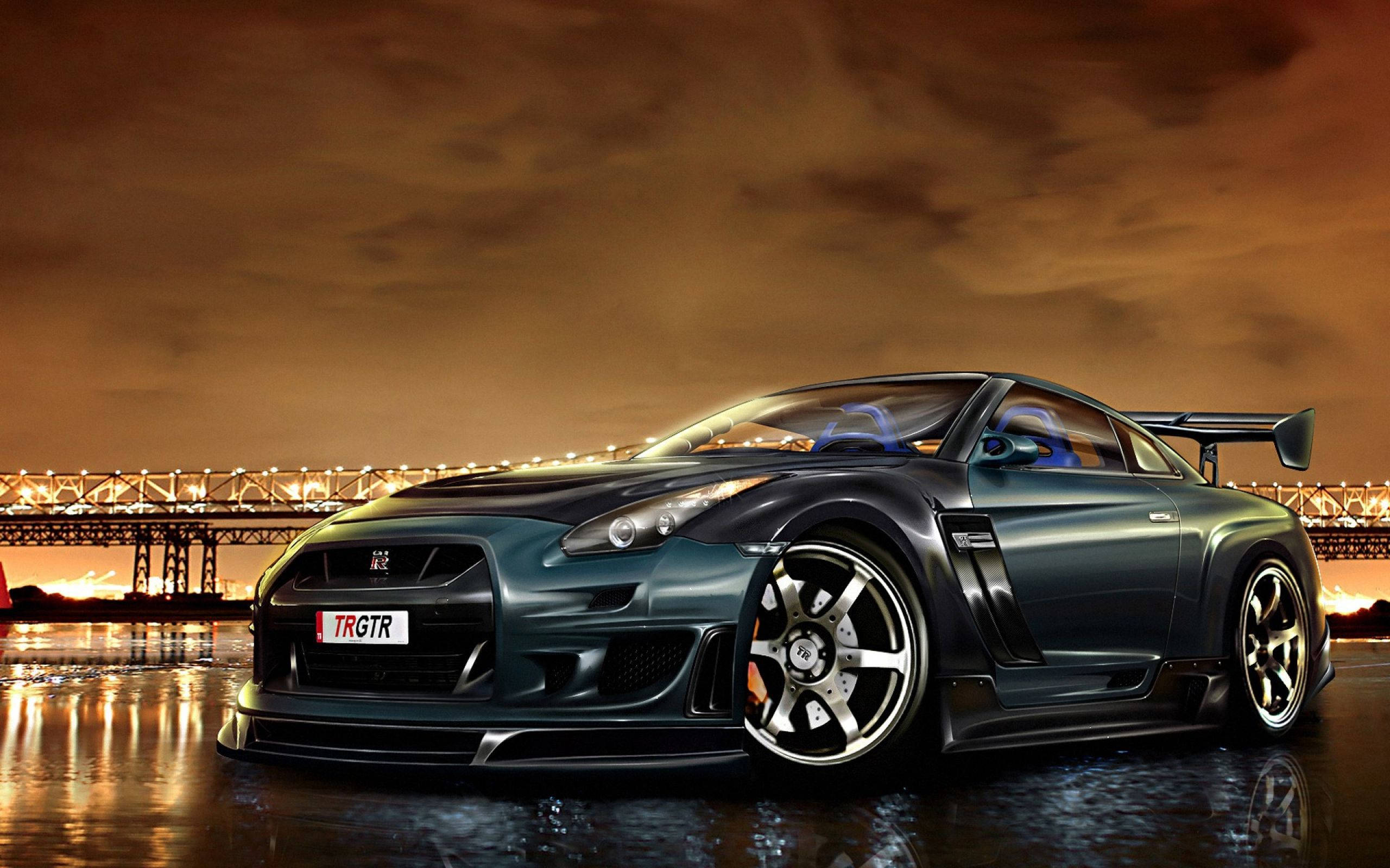 dark blue, Nissan GT-R, sports car, 2K Desktop Wallpaper