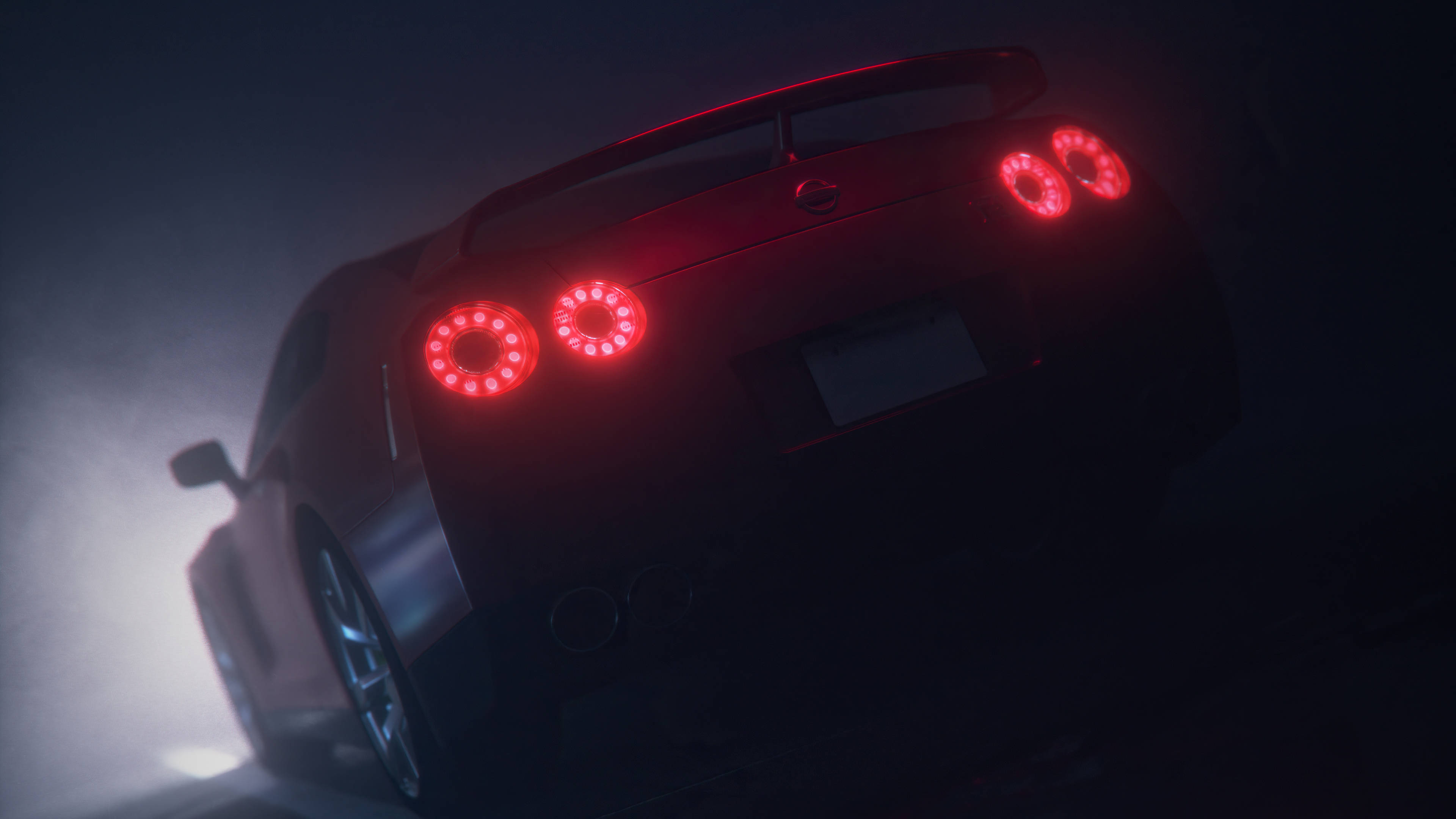 Nissan GT-R, red, glowing circular taillights, 4K Desktop Wallpaper