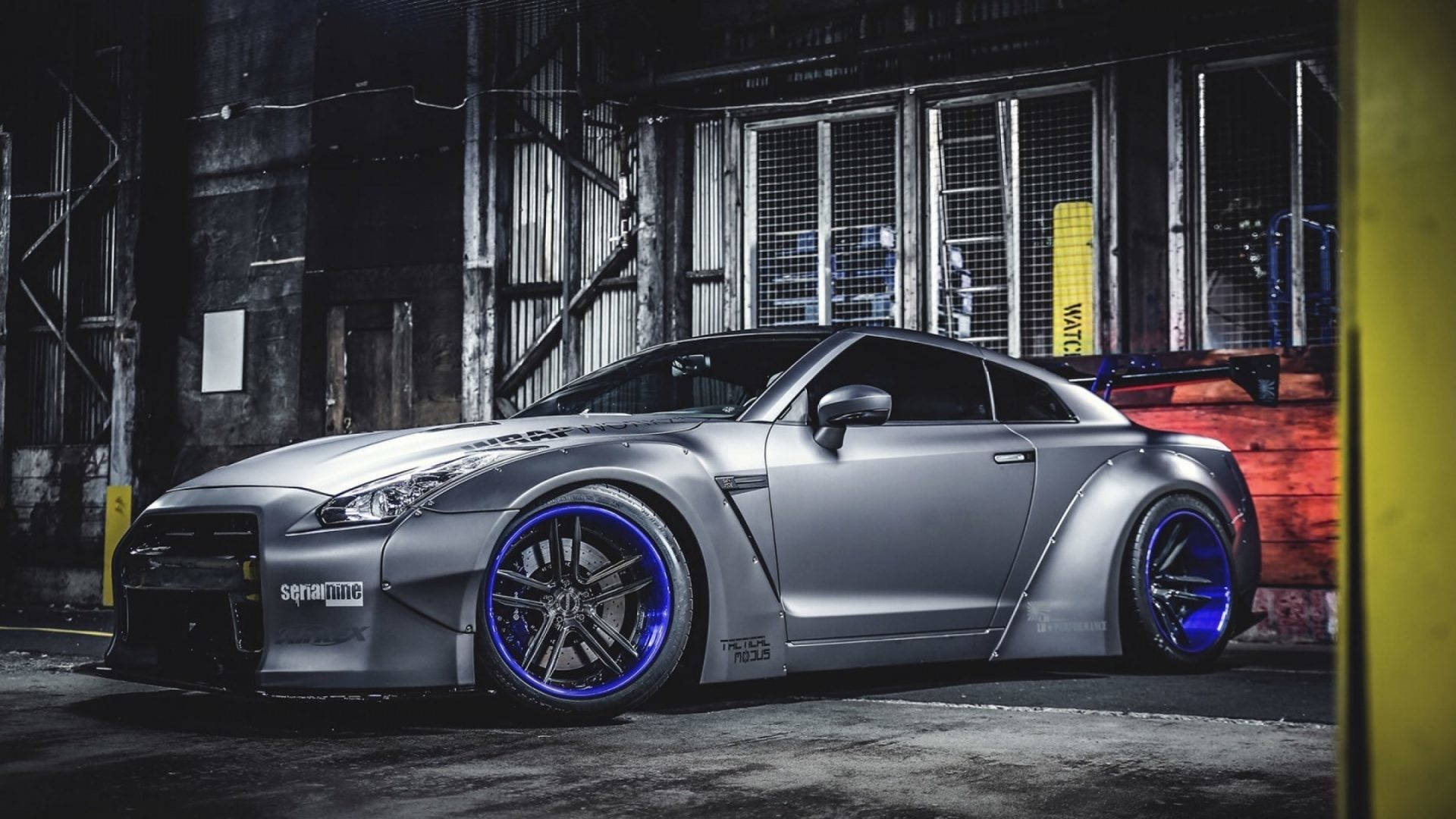 Nissan GT-R, matte silver, glowing blue rims, Full HD Desktop Wallpaper