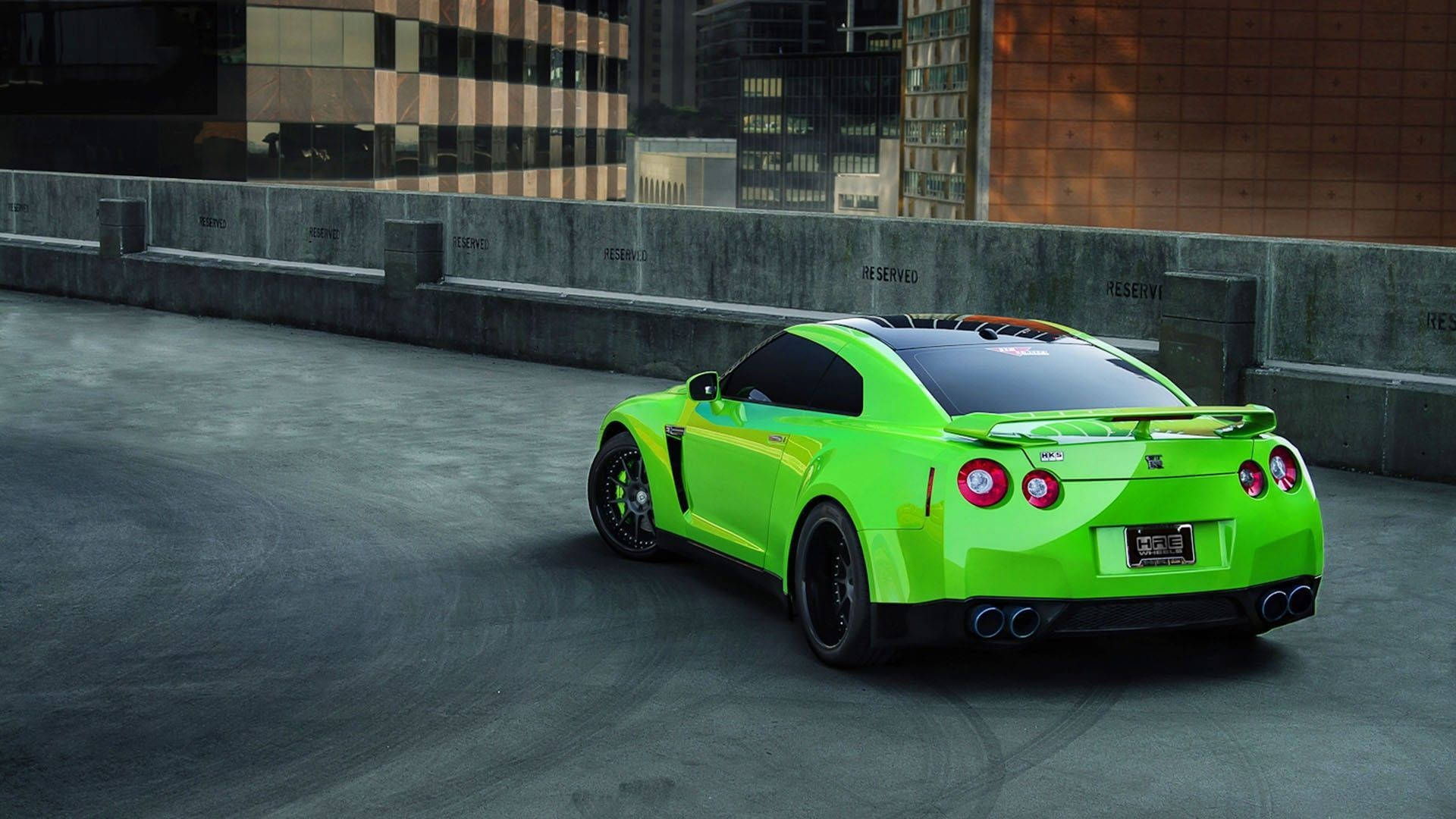 Neon Green, Nissan GT-R, concrete urban rooftop, Full HD Desktop Wallpaper