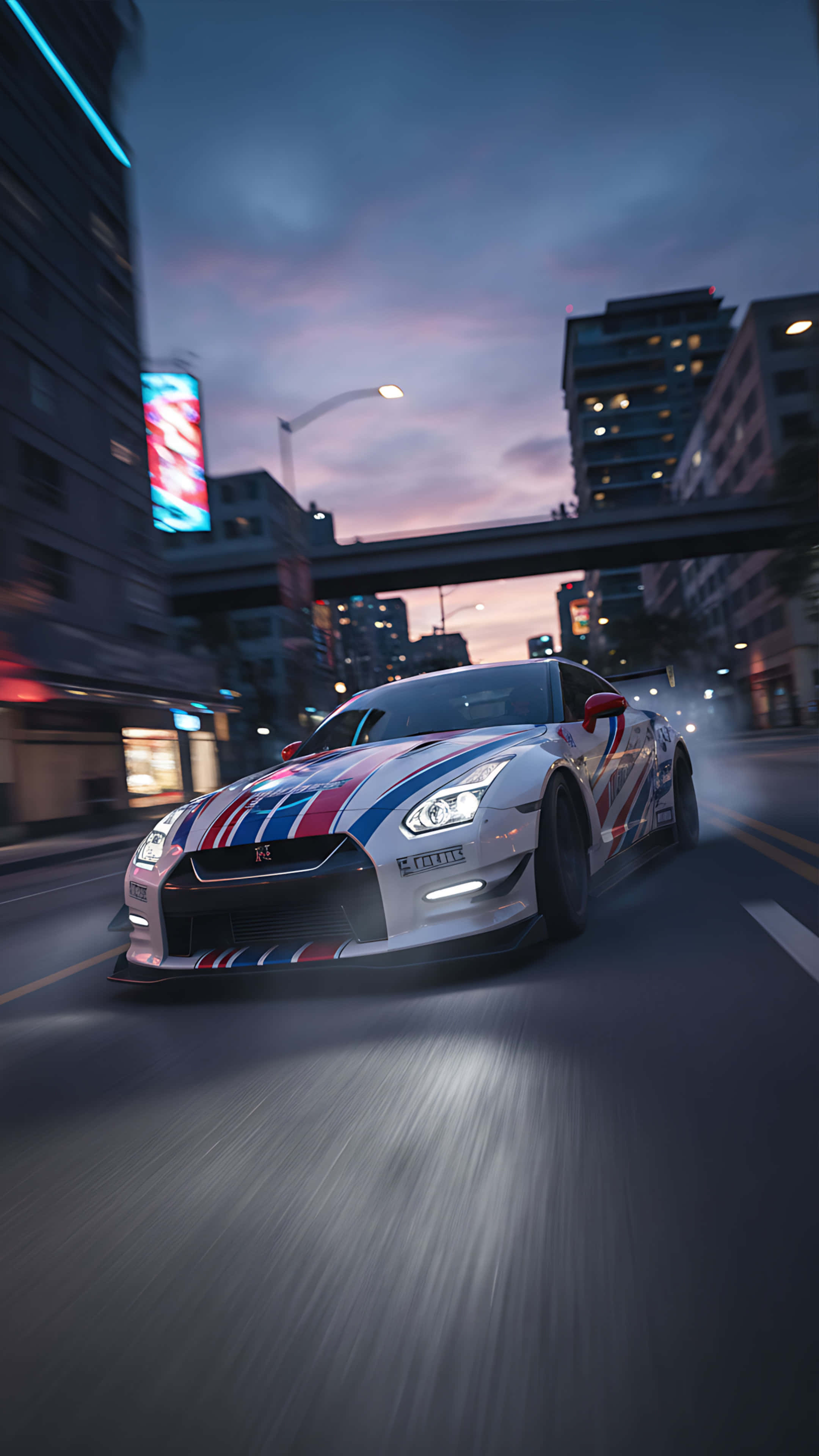 Nissan GTR, street race style, neon lit city street, 4K Phone Wallpaper