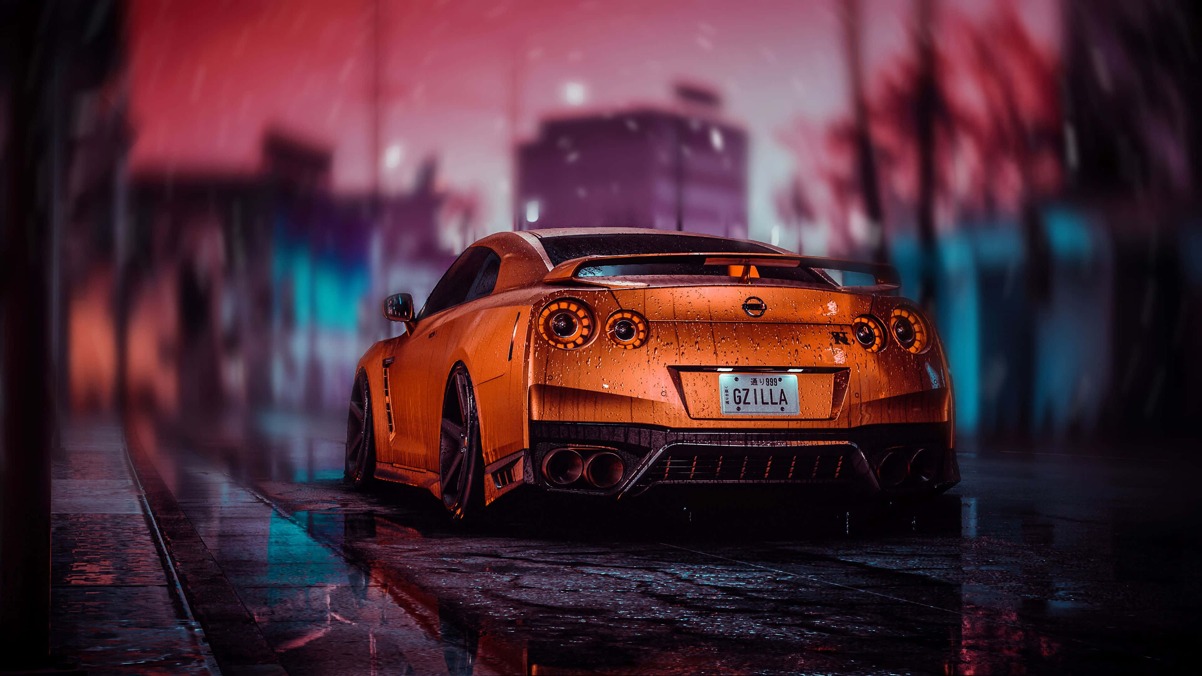 Nissan GTR, vibrant orange, neon rain, 4K Desktop Wallpaper