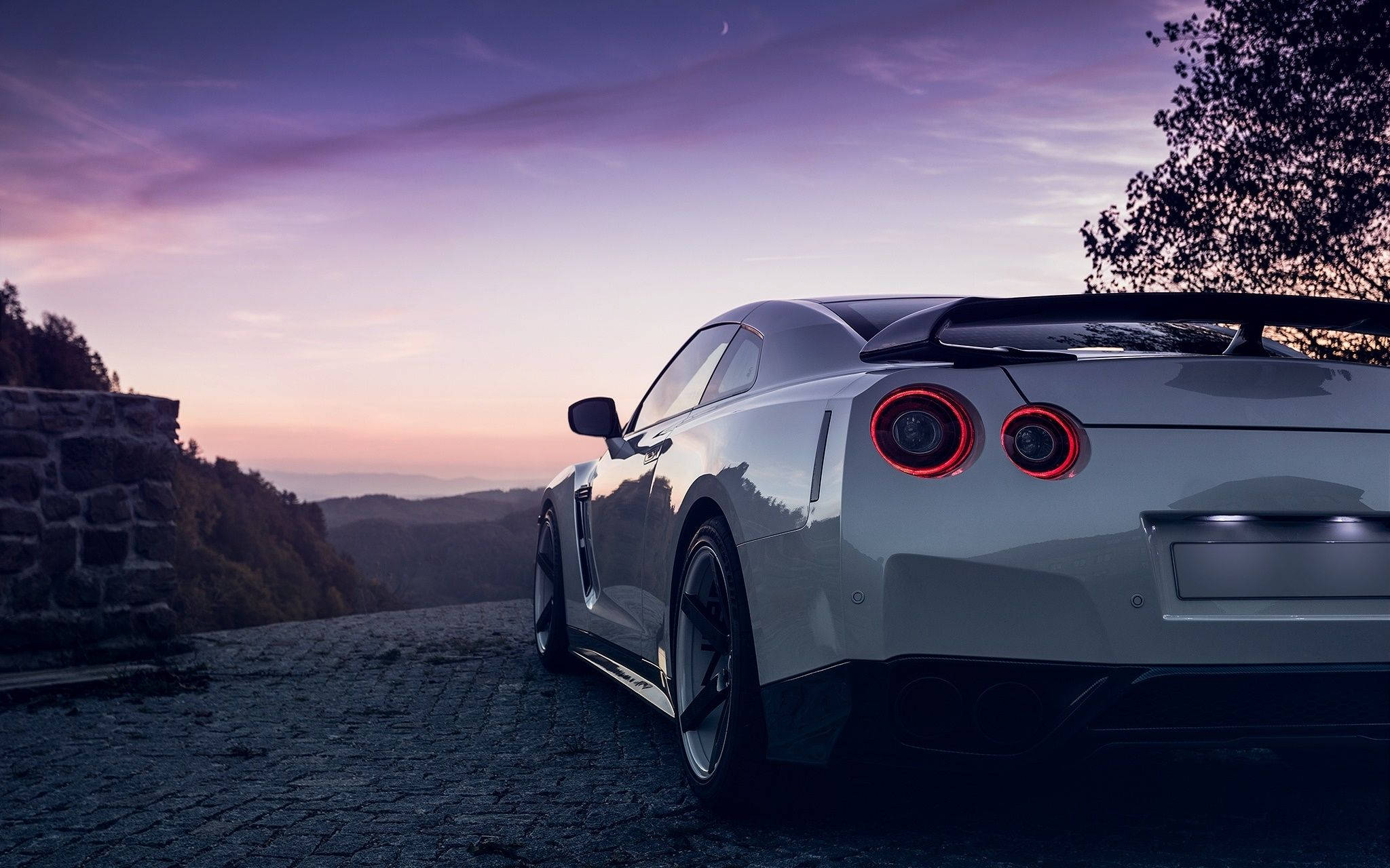 Nissan GTR, white, purple sky, Full HD Desktop Wallpaper