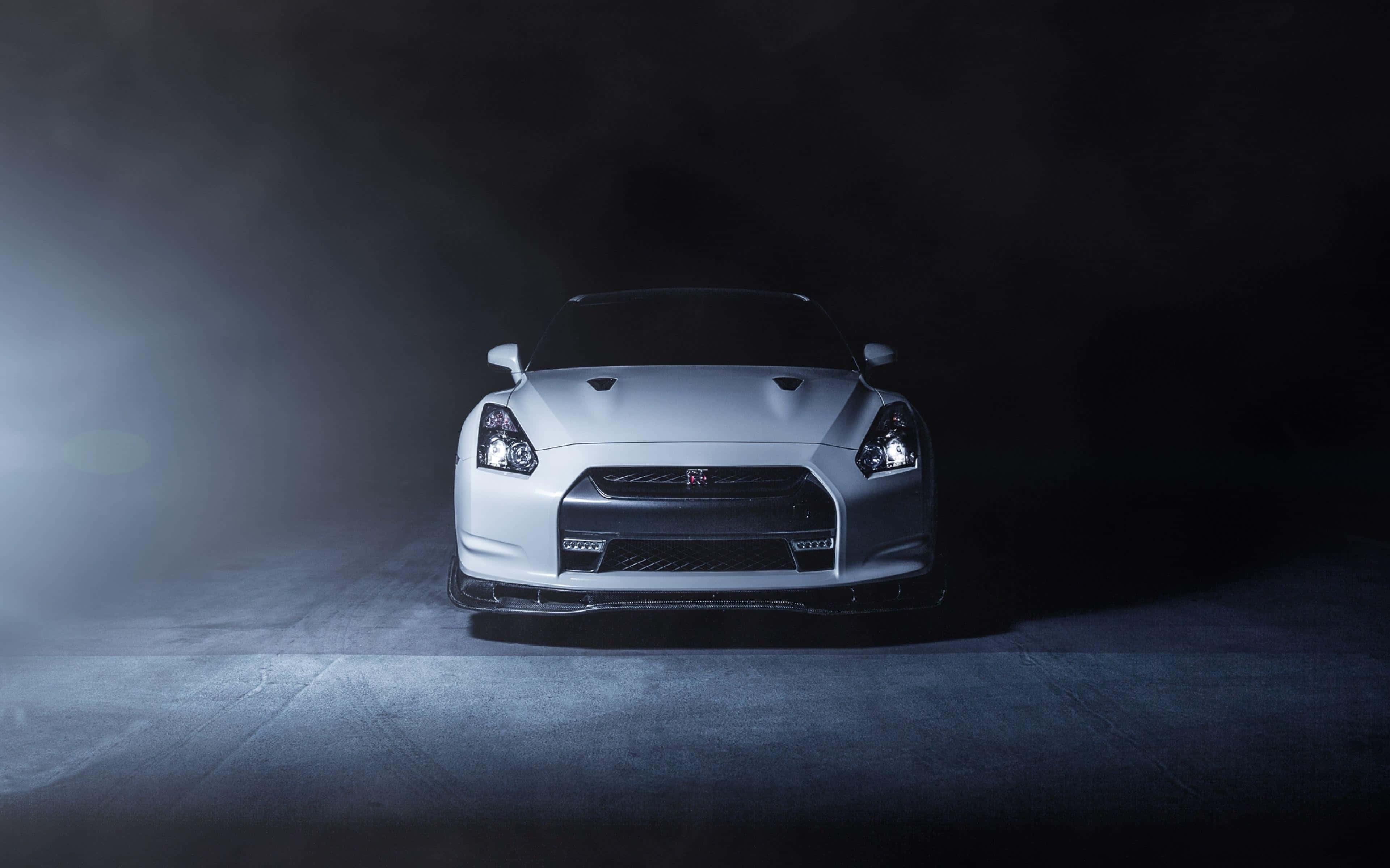 Nissan GTR, white, dramatic spotlight, 4K Desktop Wallpaper