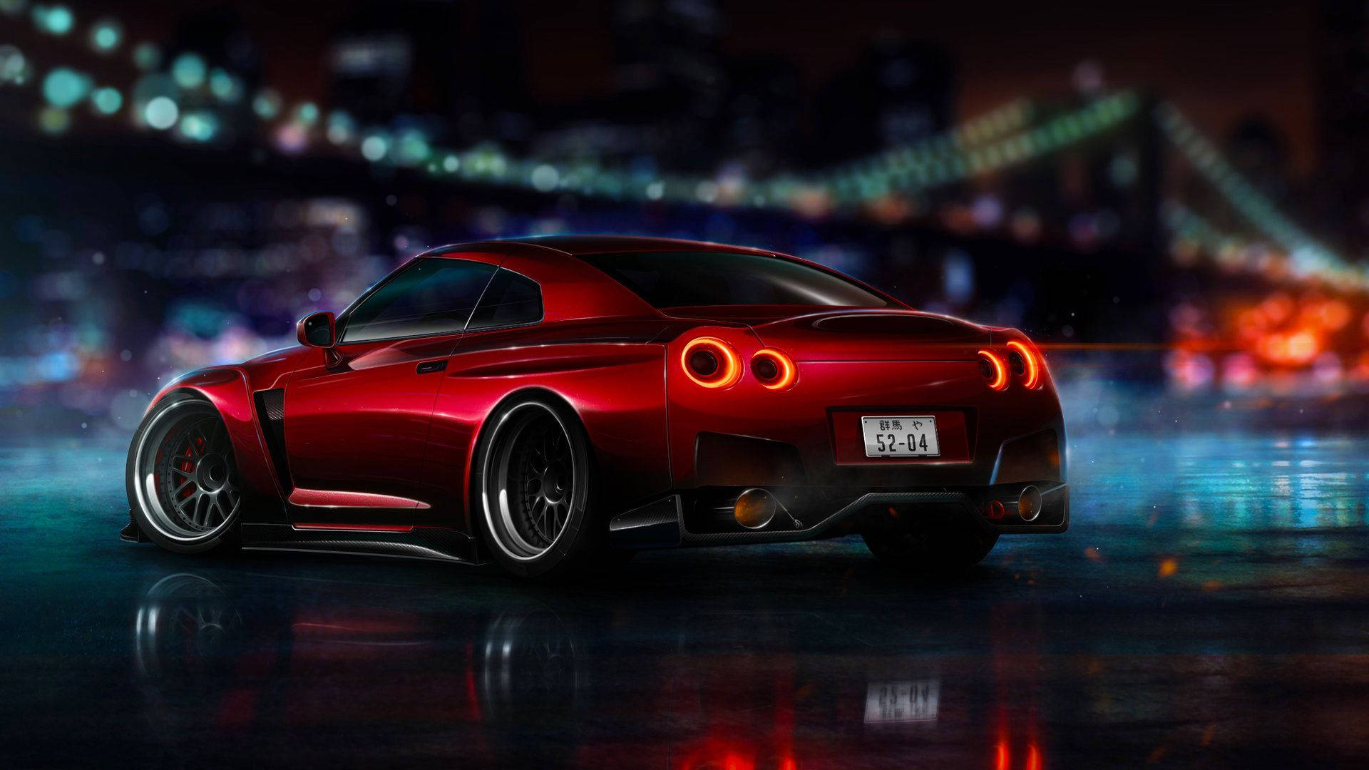 glossy red, Nissan GTR, city streets, Full HD Desktop Wallpaper