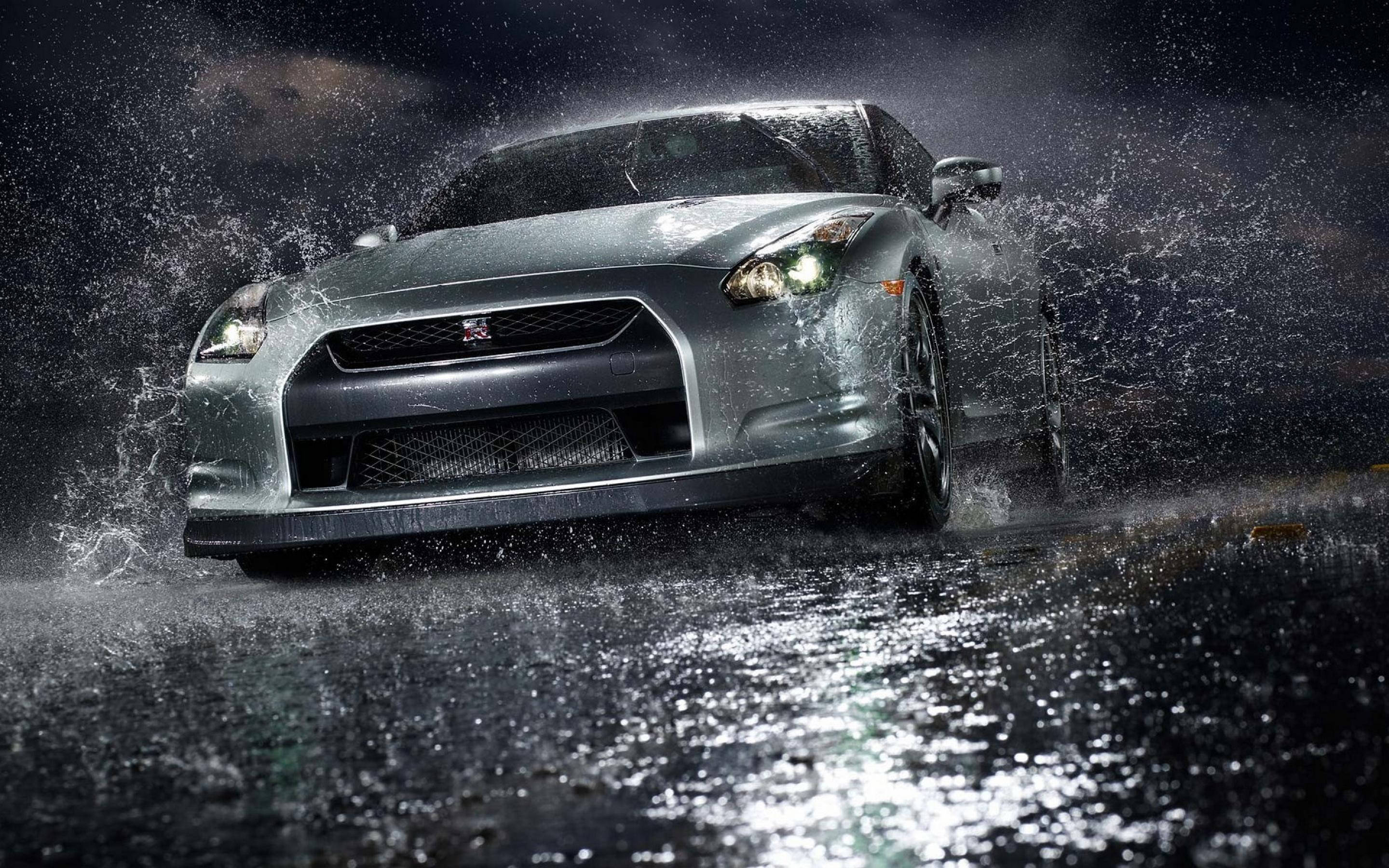 silver, Nissan GTR, rain, 2K Desktop Wallpaper