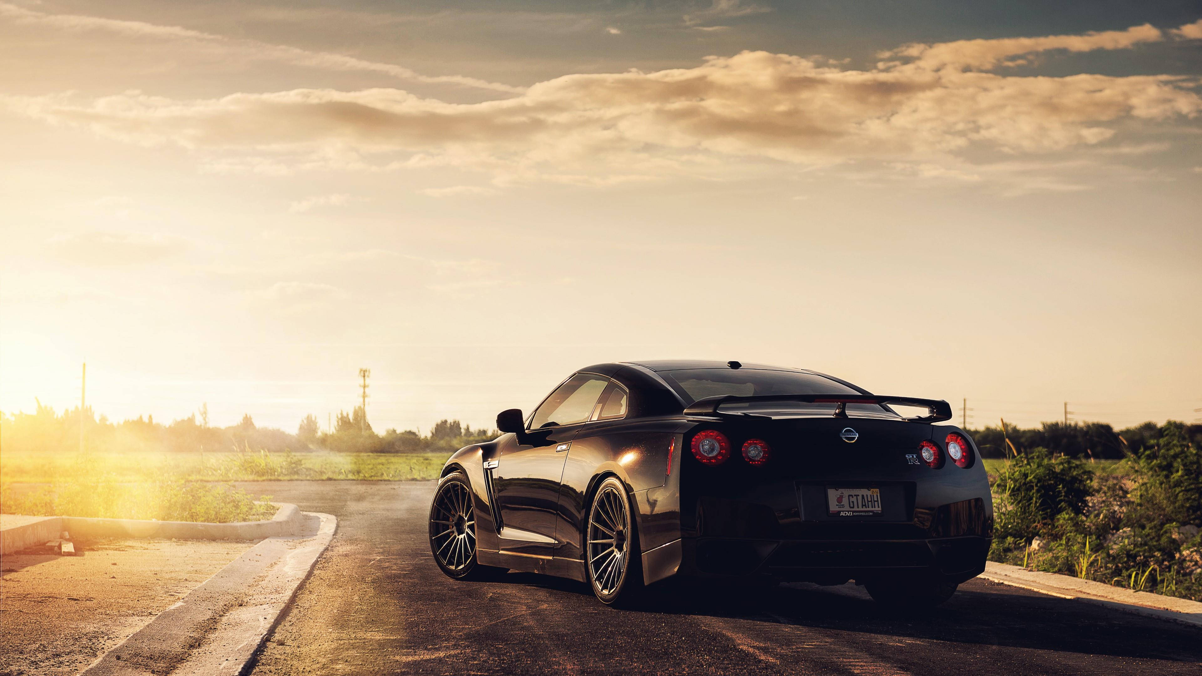 Nissan GTR, black, sunset, 4K Desktop Wallpaper