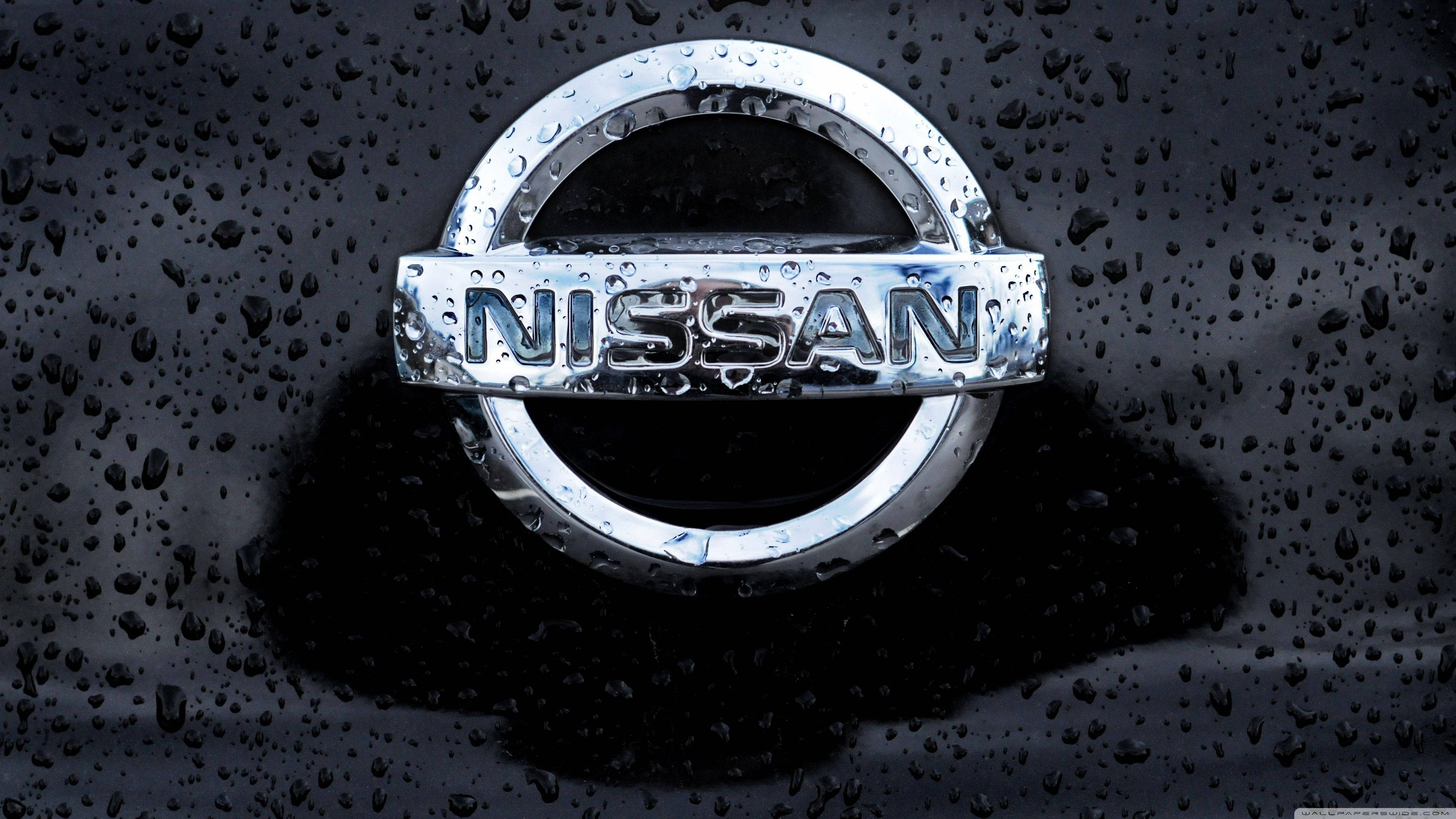 Nissan, Nissan logo, wet black car hood, 2K Desktop Wallpaper