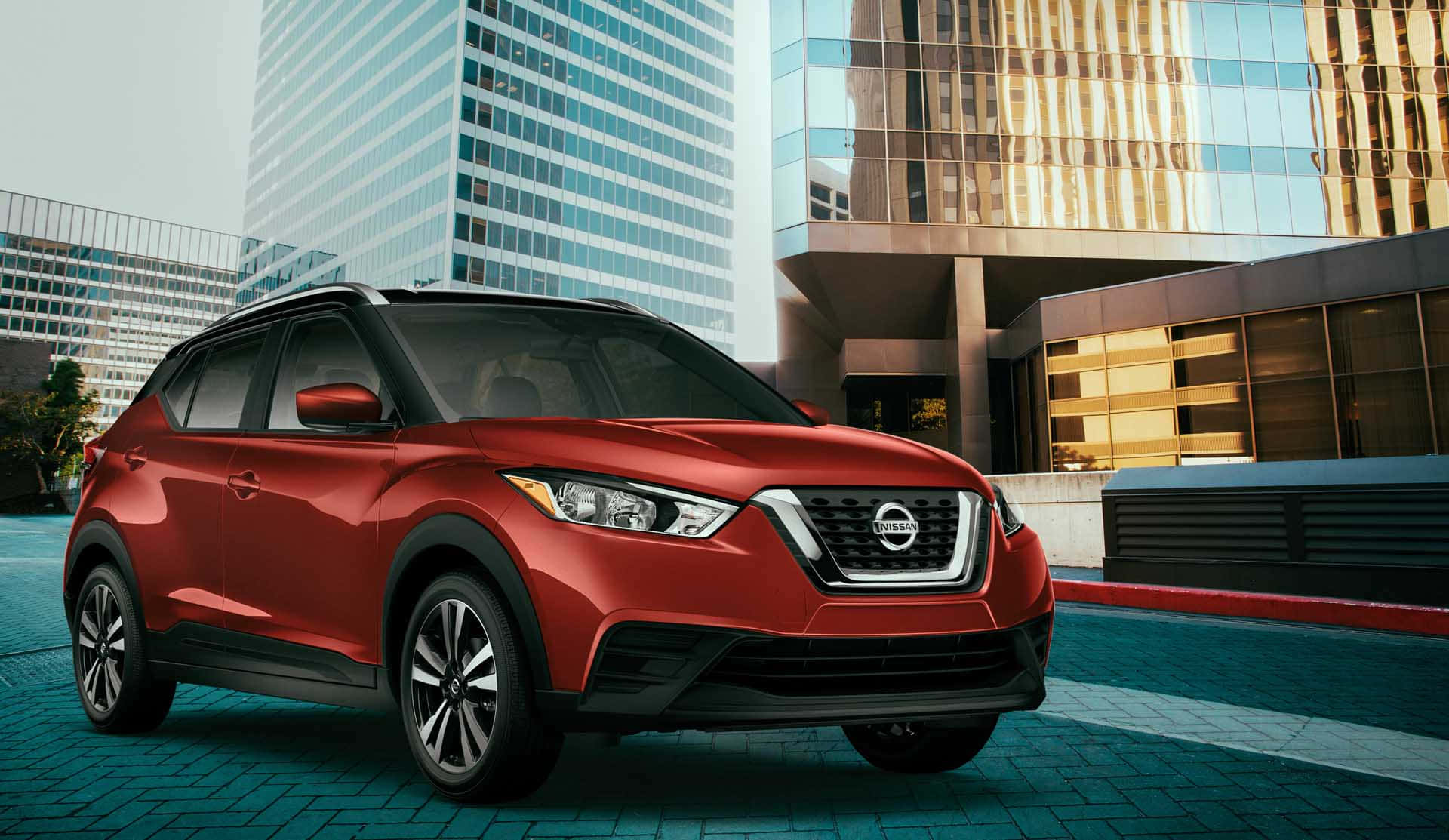 Nissan Kicks, glossy red, blue tiled plaza, Full HD Desktop Wallpaper