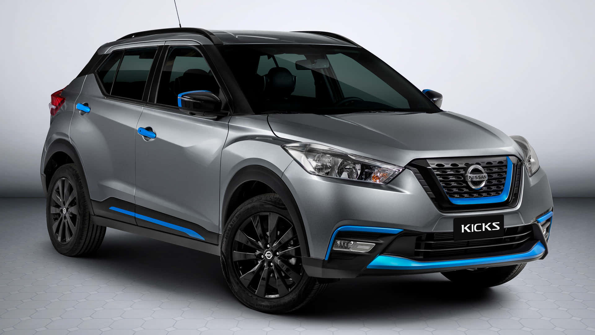 Nissan Kicks, silver, bold blue accents, Full HD Desktop Wallpaper