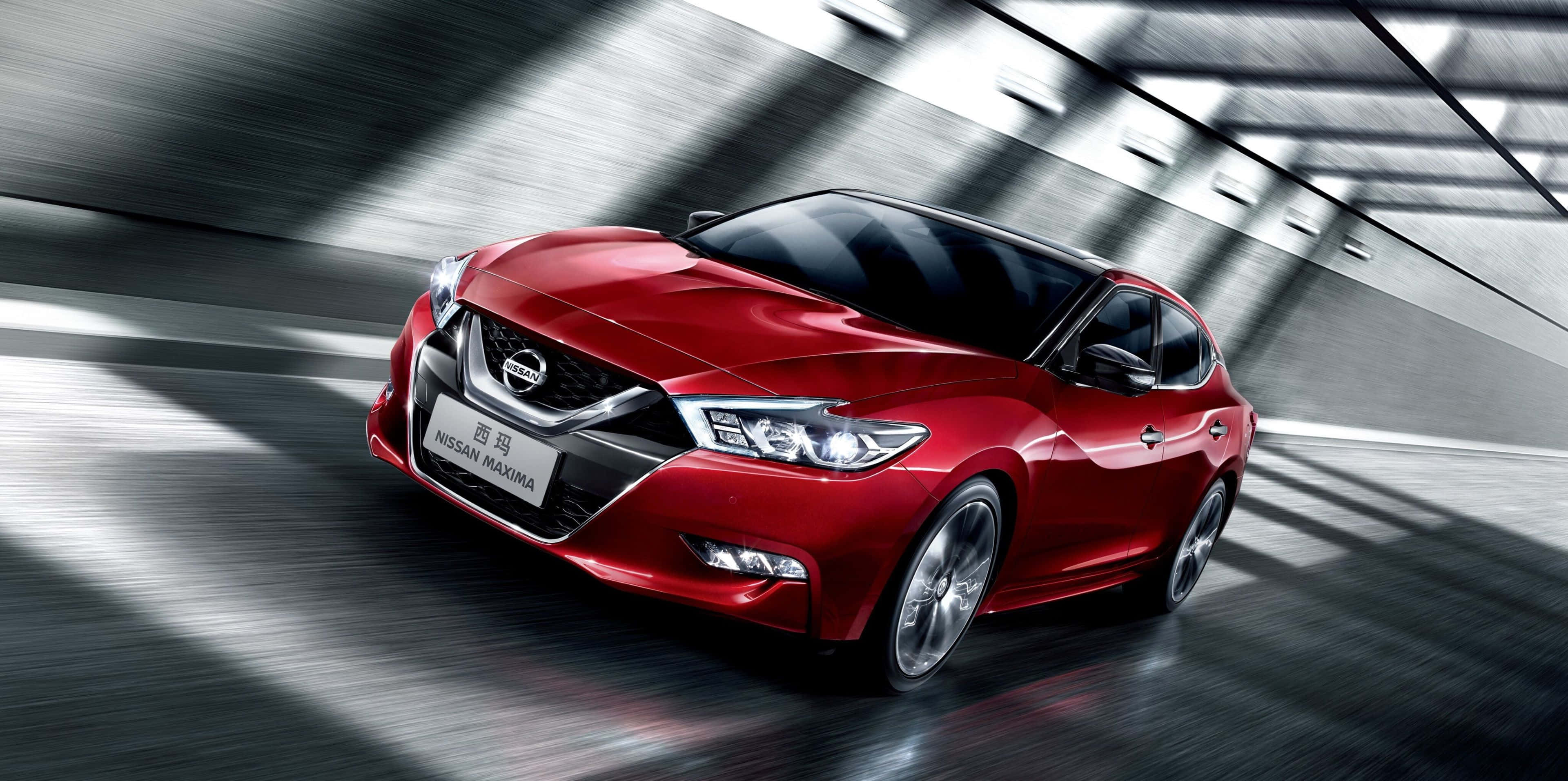 Nissan Maxima, vibrant red, sleek tunnel, 4K Desktop Wallpaper