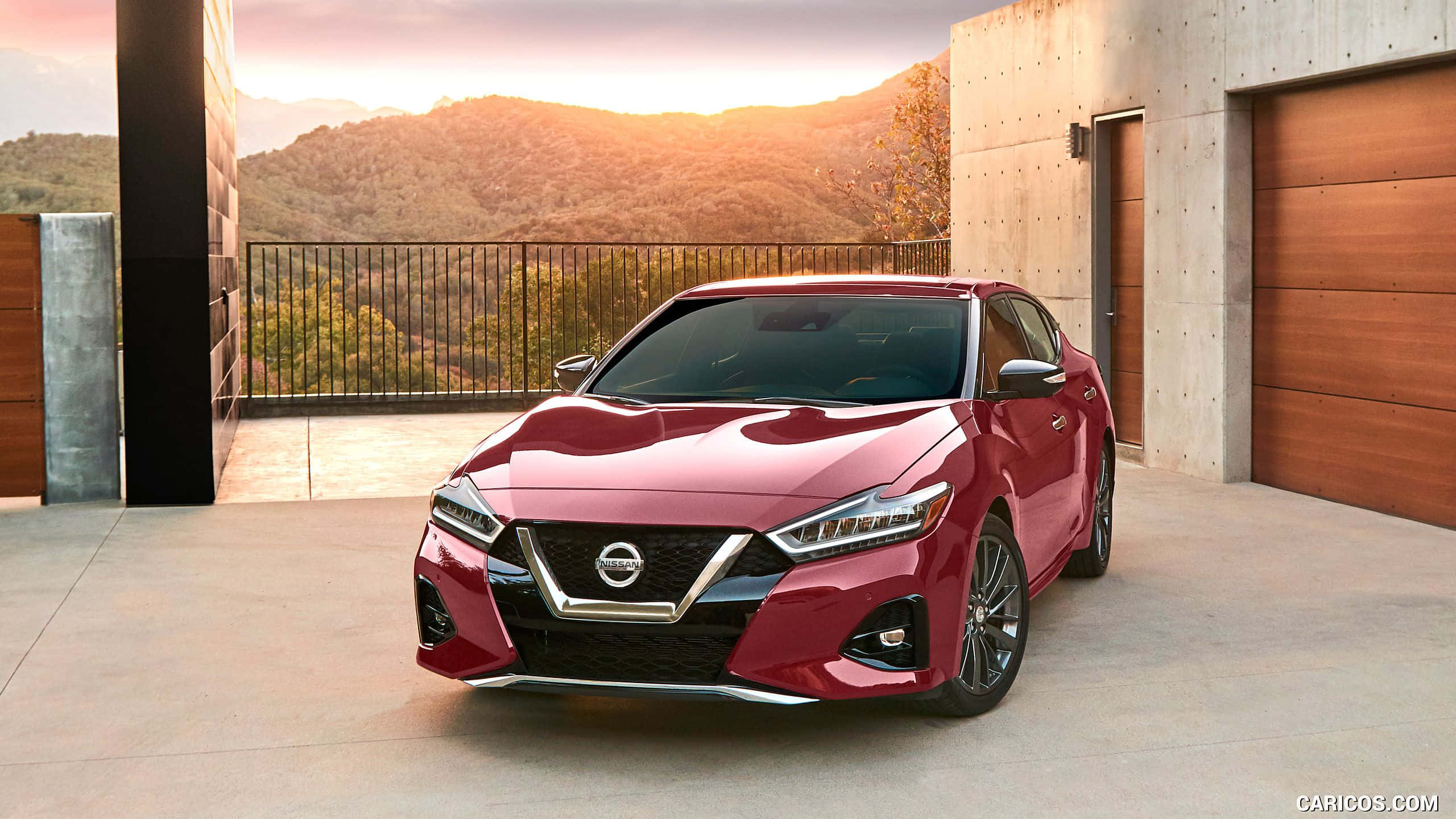 Nissan Maxima, glossy red, modern driveway, 2K Desktop Wallpaper
