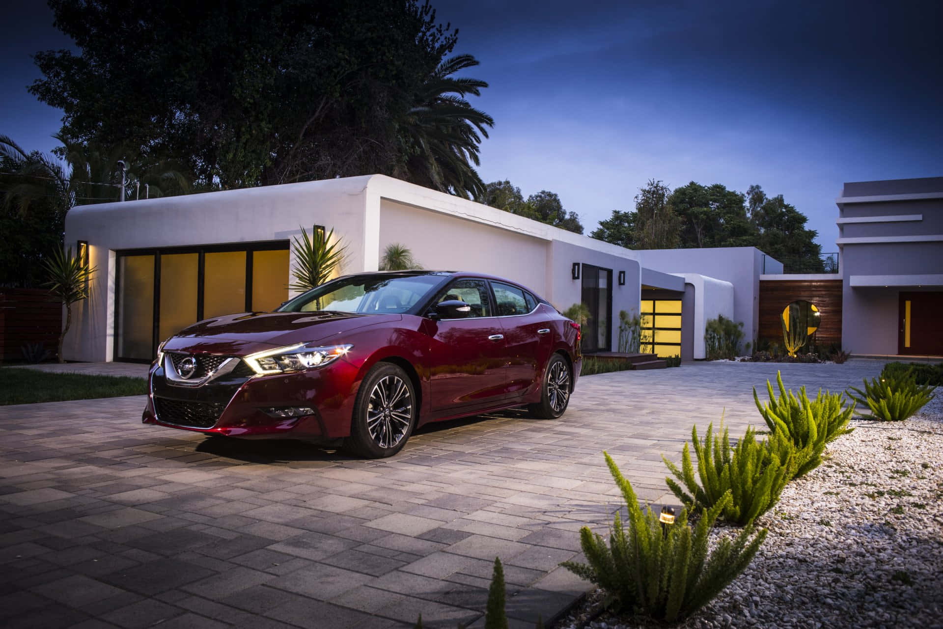 Nissan Maxima, glossy red, stone driveway, Full HD Desktop Wallpaper