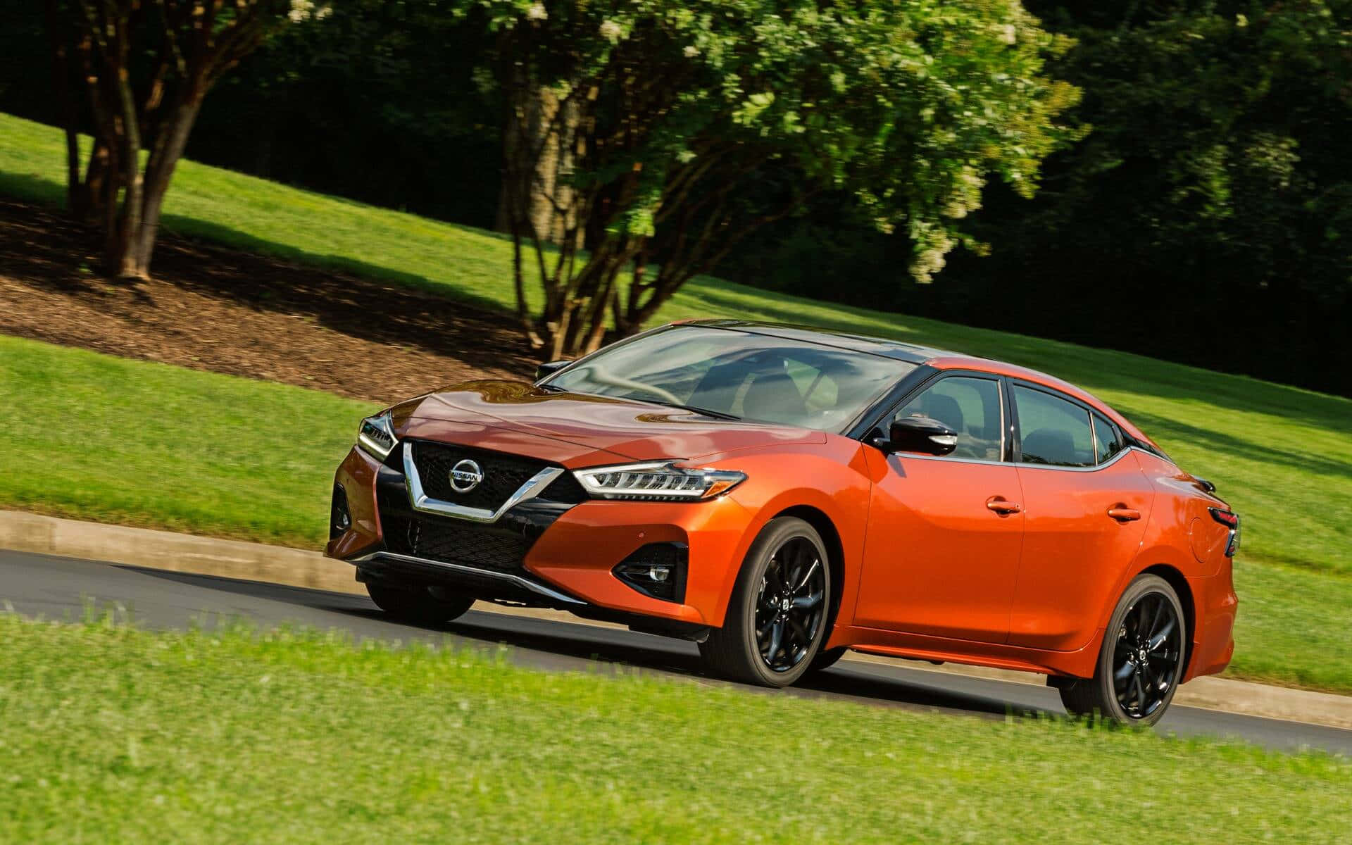 Nissan Maxima, vibrant orange, black rims, Full HD Desktop Wallpaper