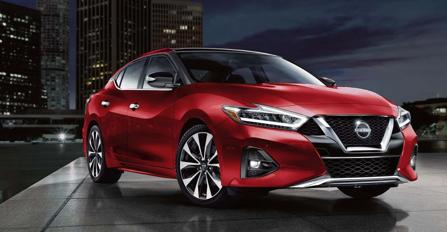 Nissan Maxima, glossy red, city lights, HD Desktop Wallpaper