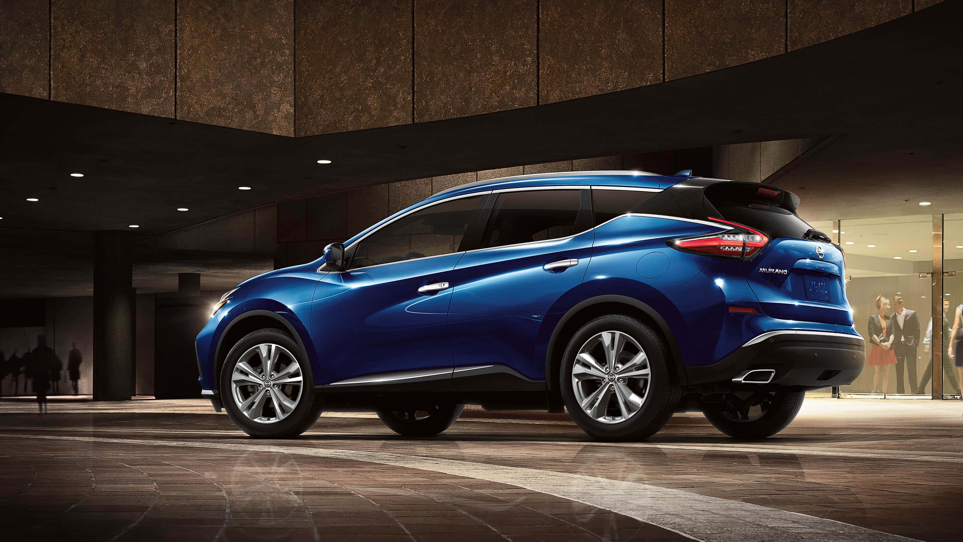 Nissan Murano, blue, modern upscale building lobby, 2K Desktop Wallpaper