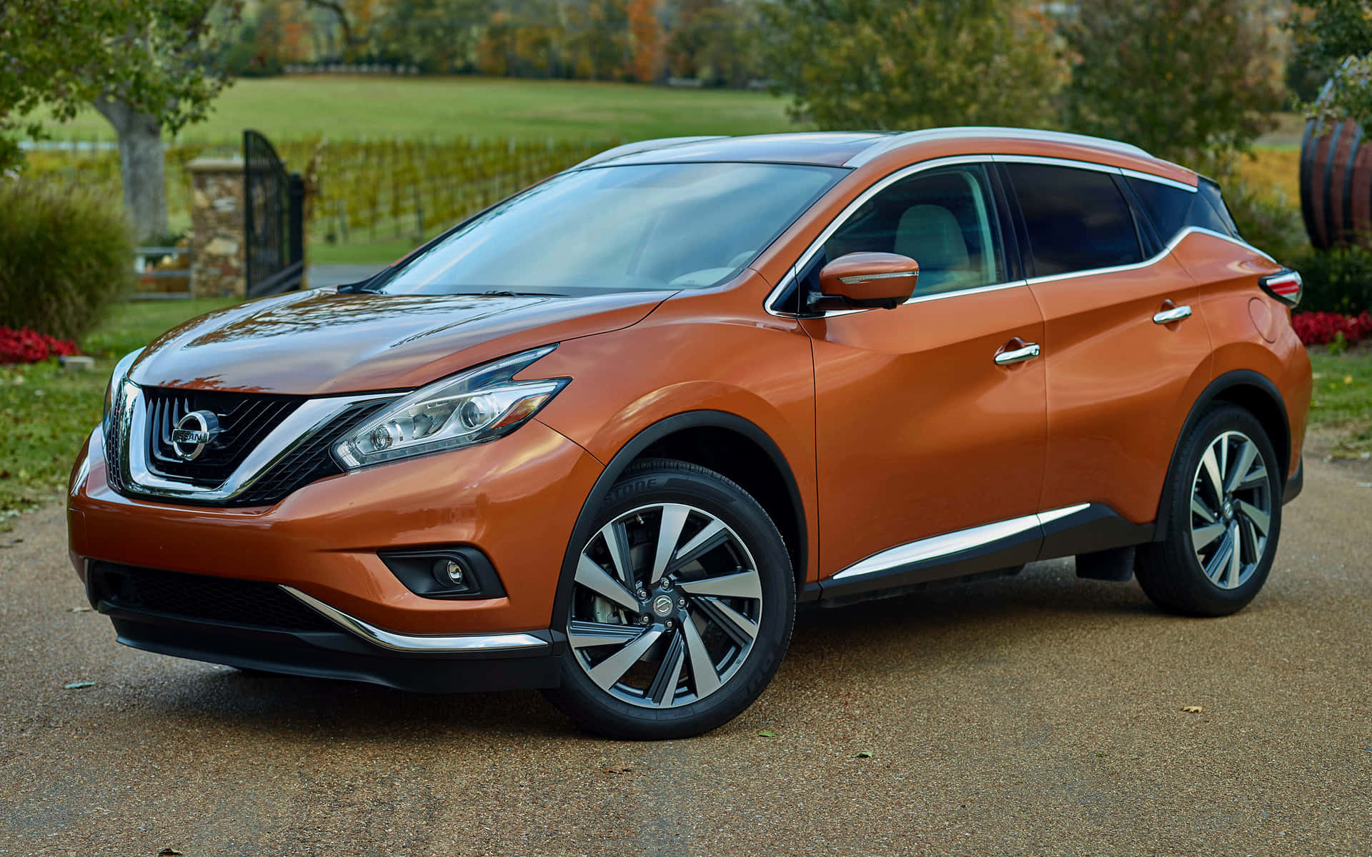 Nissan Murano, glossy orange, gravel driveway, Full HD Desktop Wallpaper