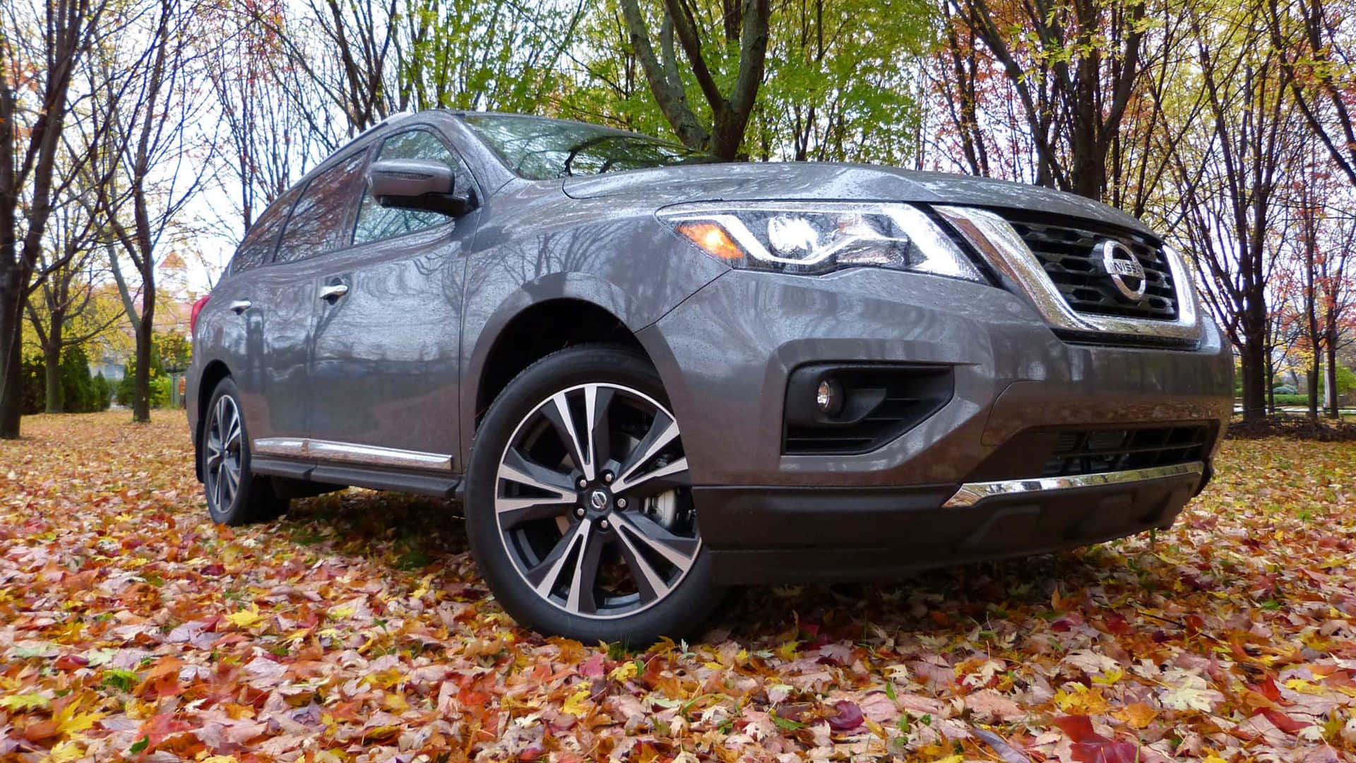 Nissan Pathfinder, gray, autumn leaves, Full HD Desktop Wallpaper