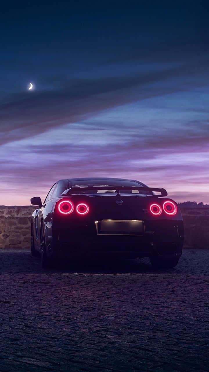 Nissan R35 Gtr, black, glowing red circular taillights, HD Phone Wallpaper