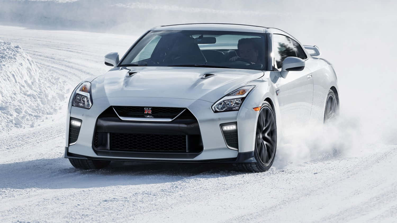 white Nissan R35 GTR, drifts powerfully, deep snow, HD Desktop Wallpaper