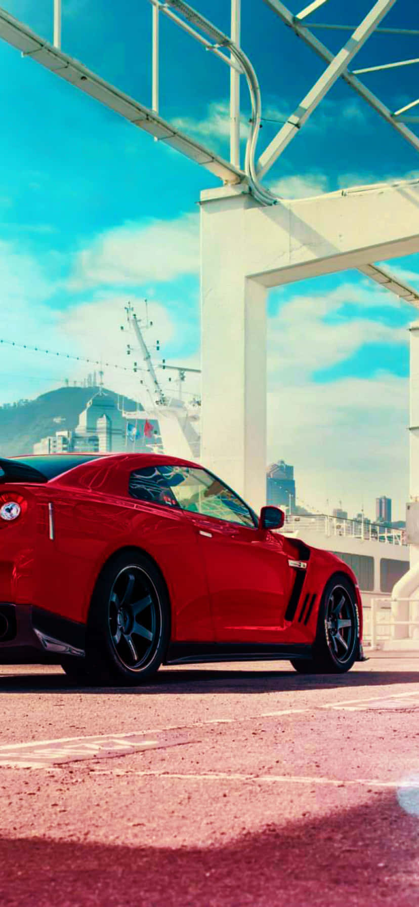 Nissan R35 Gtr, vibrant red, white bridge, HD Phone Wallpaper