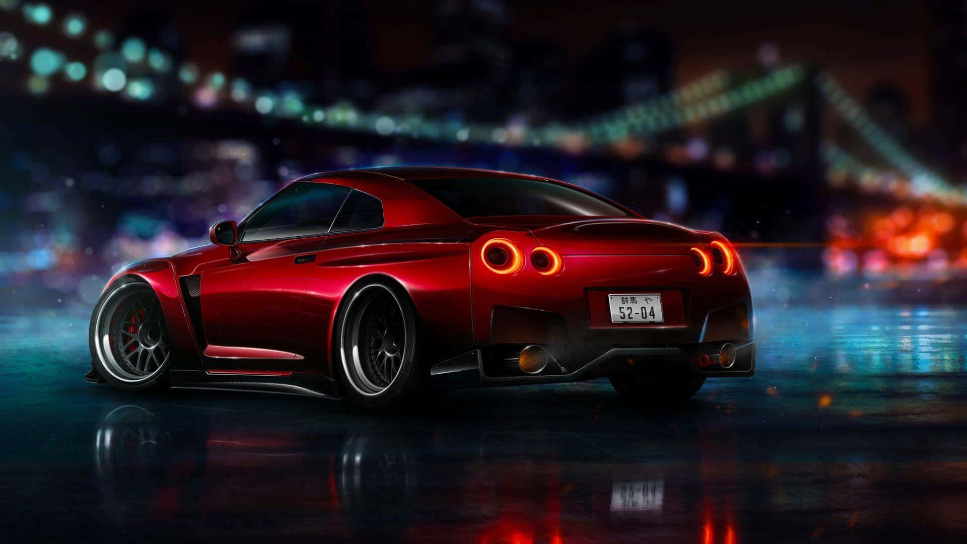 Nissan R35 Gtr, shiny red, rain-slicked city streets, Full HD Desktop Wallpaper