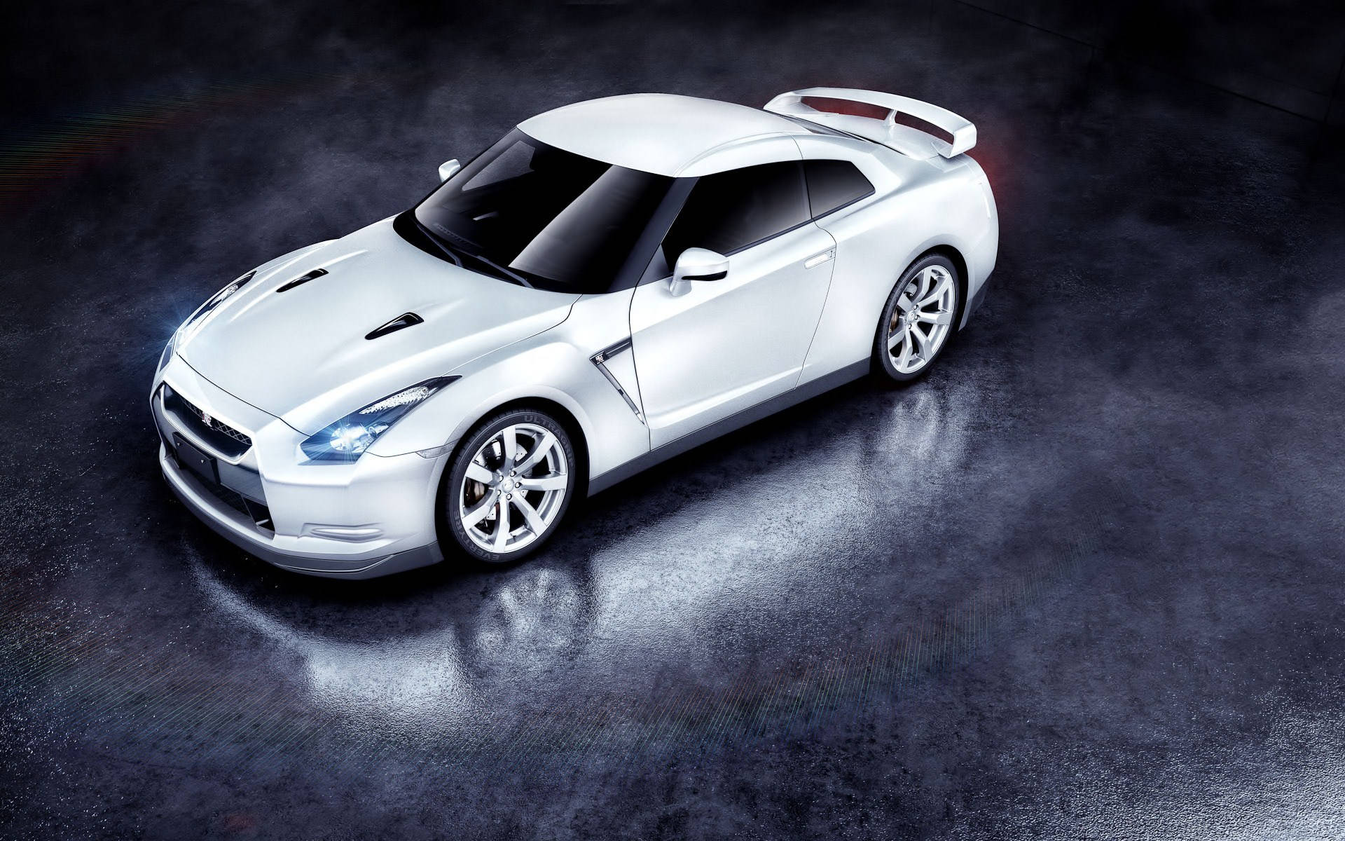 Nissan Skyline GTR R35, white, glowing headlights, Full HD Desktop Wallpaper