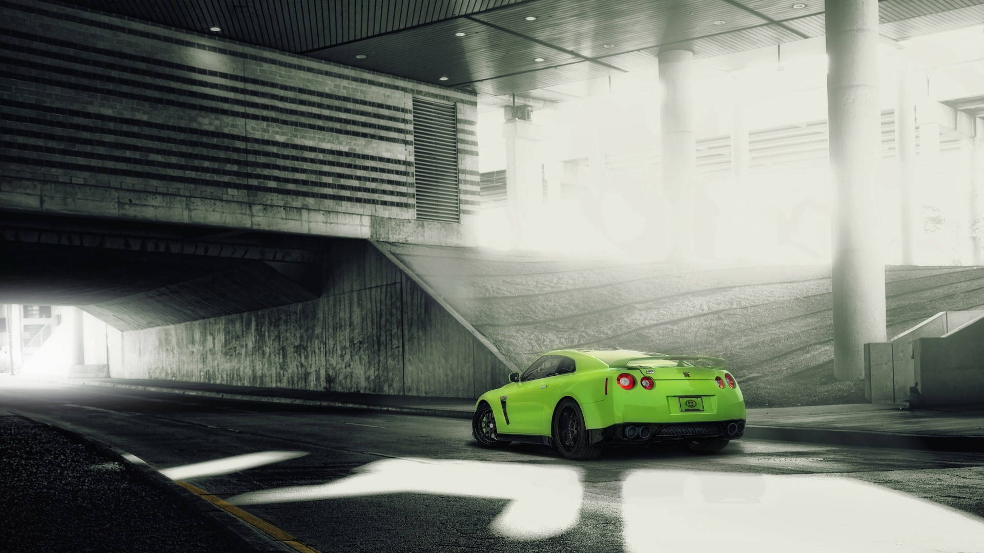 Nissan Skyline GTR R35, lime green, modern concrete overpass, Full HD Desktop Wallpaper
