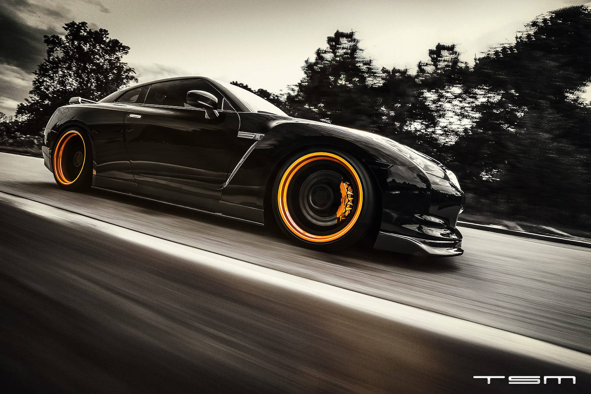 Nissan Skyline GTR R35, yellow tires, glowing orange rims, Full HD Desktop Wallpaper