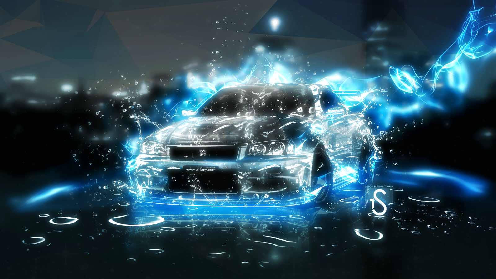 Nissan Skyline GTR R35, blue glow, glowing blue water, HD Desktop Wallpaper