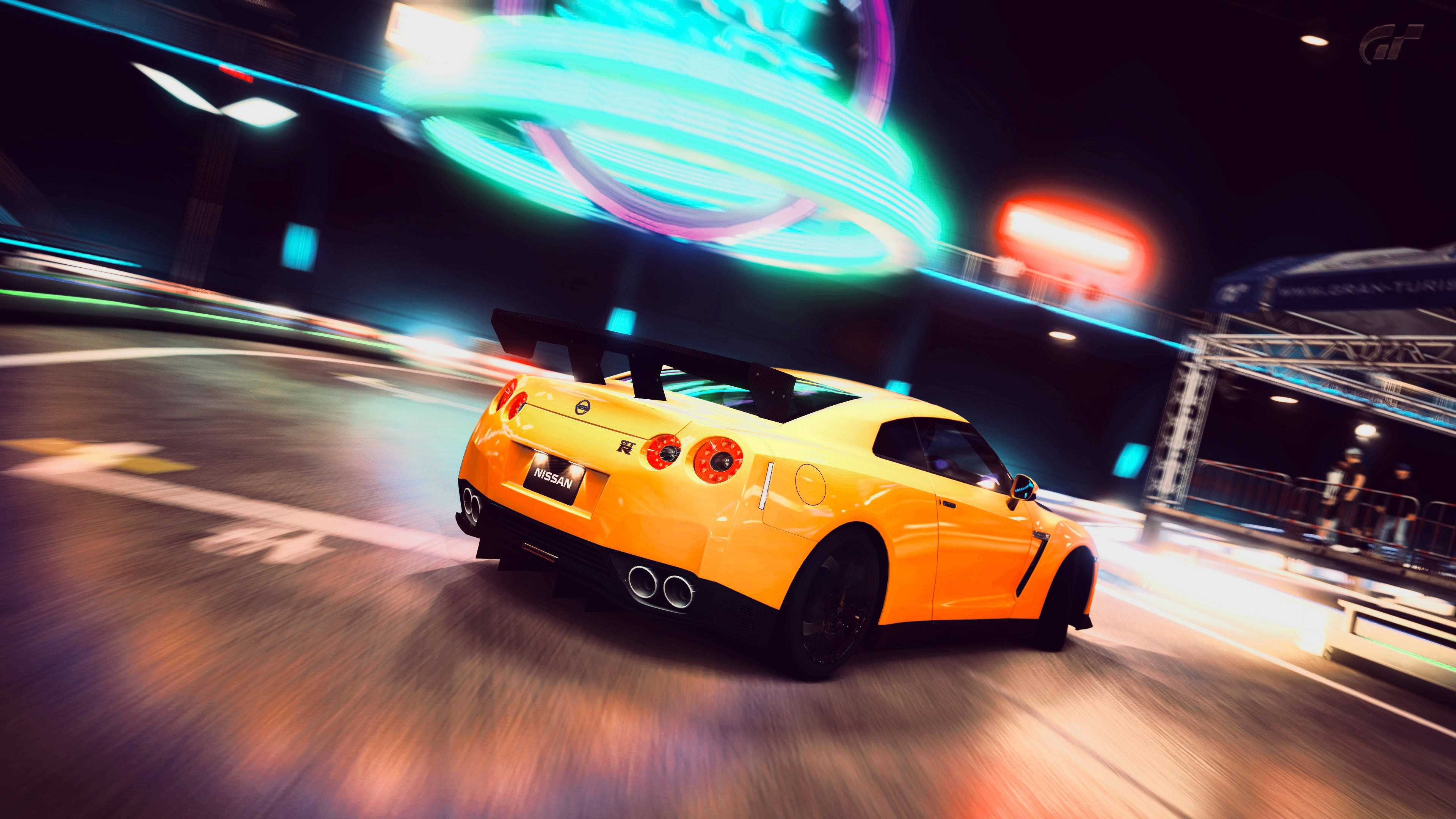 Nissan Skyline GTR R35, yellow, neon lights, 4K Desktop Wallpaper