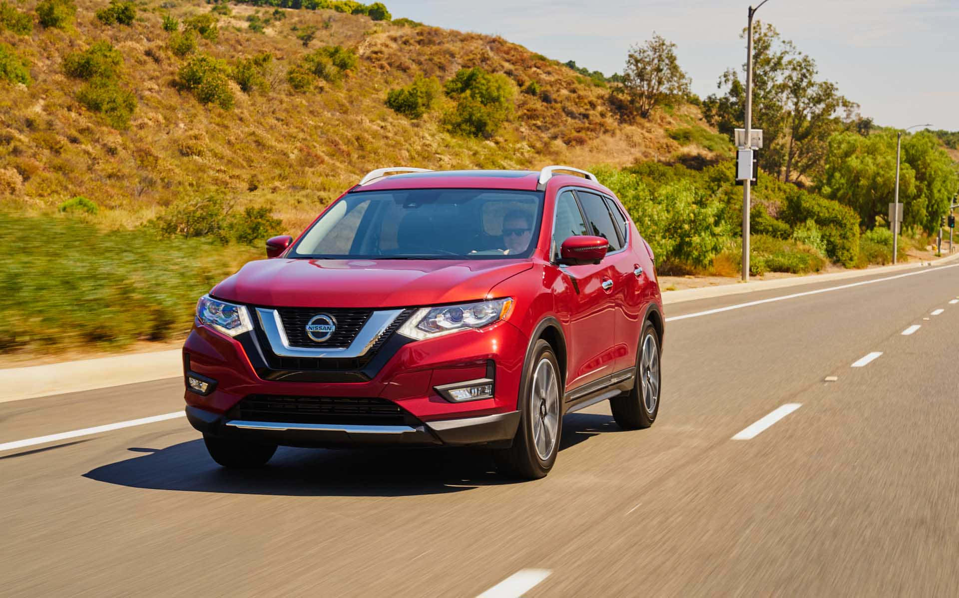 Nissan Rogue, vibrant red, sunlit highway, Full HD Desktop Wallpaper