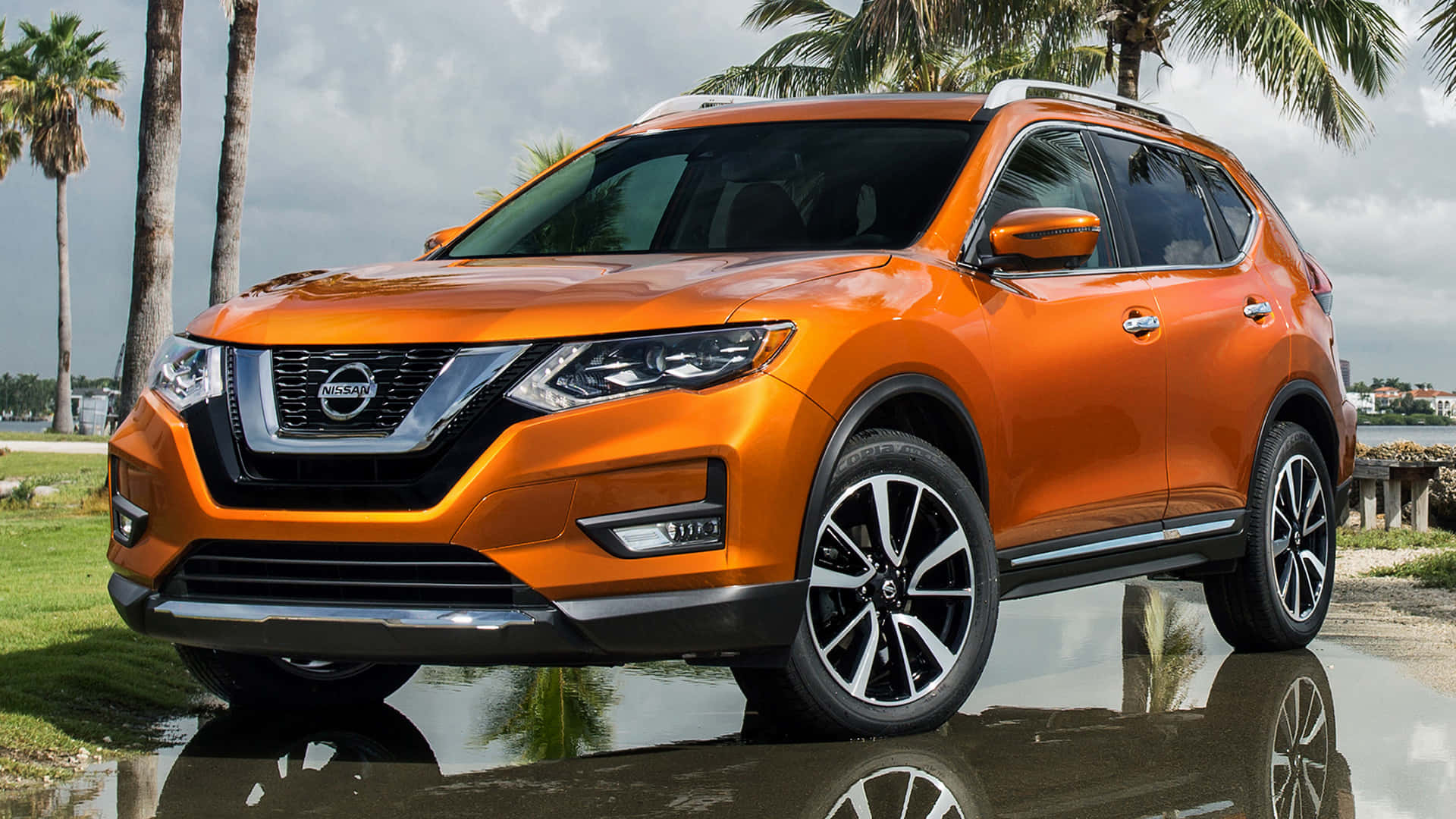 Nissan Rogue, vibrant orange, puddle, Full HD Desktop Wallpaper