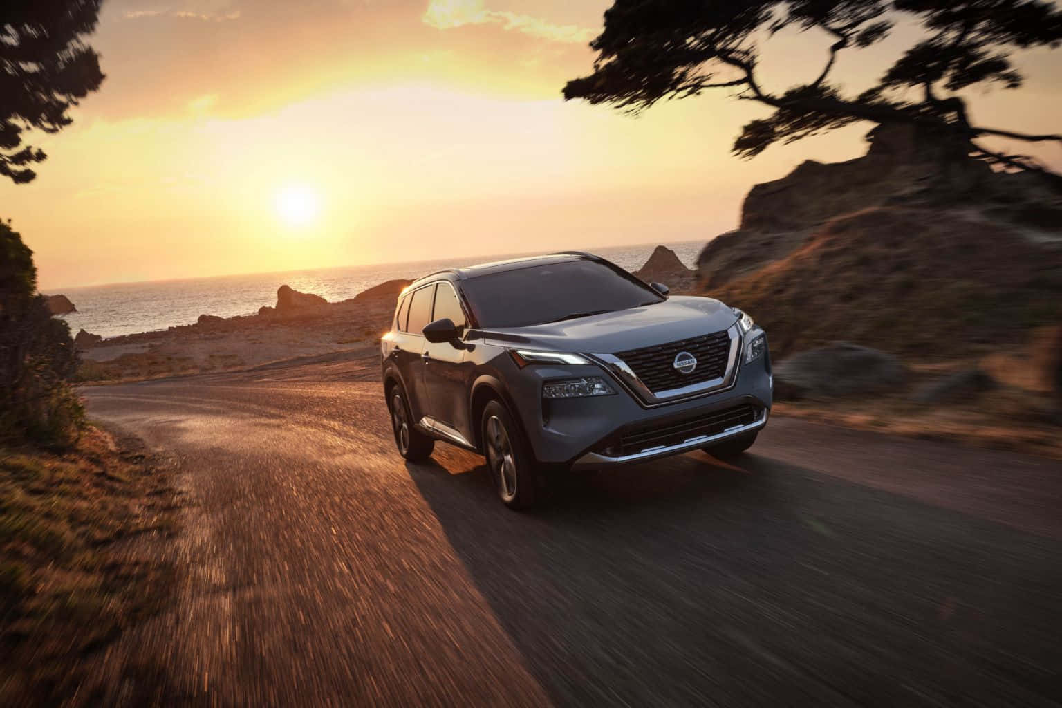 Nissan Rogue, silver, coastal road, HD Desktop Wallpaper