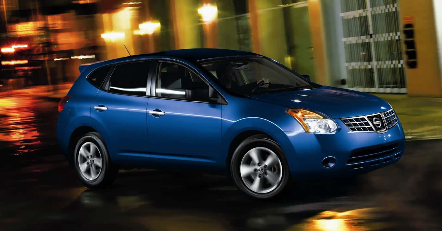 Nissan Rogue, vibrant blue, rain-slicked city street, HD Desktop Wallpaper