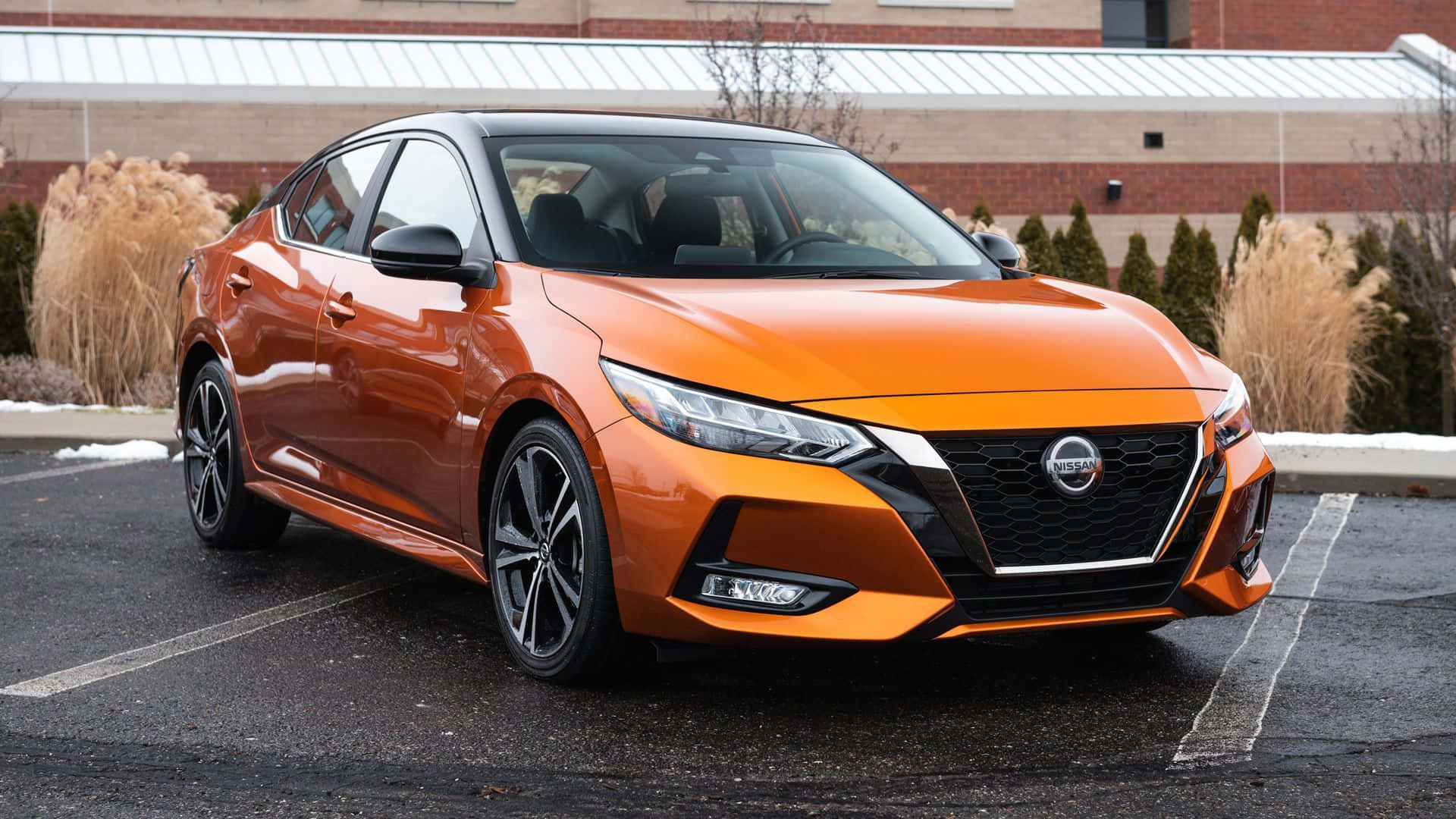 2021 Nissan Sentra, vibrant orange, snowy parking lot, Full HD Desktop Wallpaper