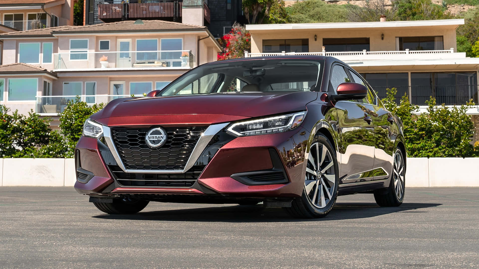 2021 Nissan Sentra, glossy maroon, paved driveway, Full HD Desktop Wallpaper