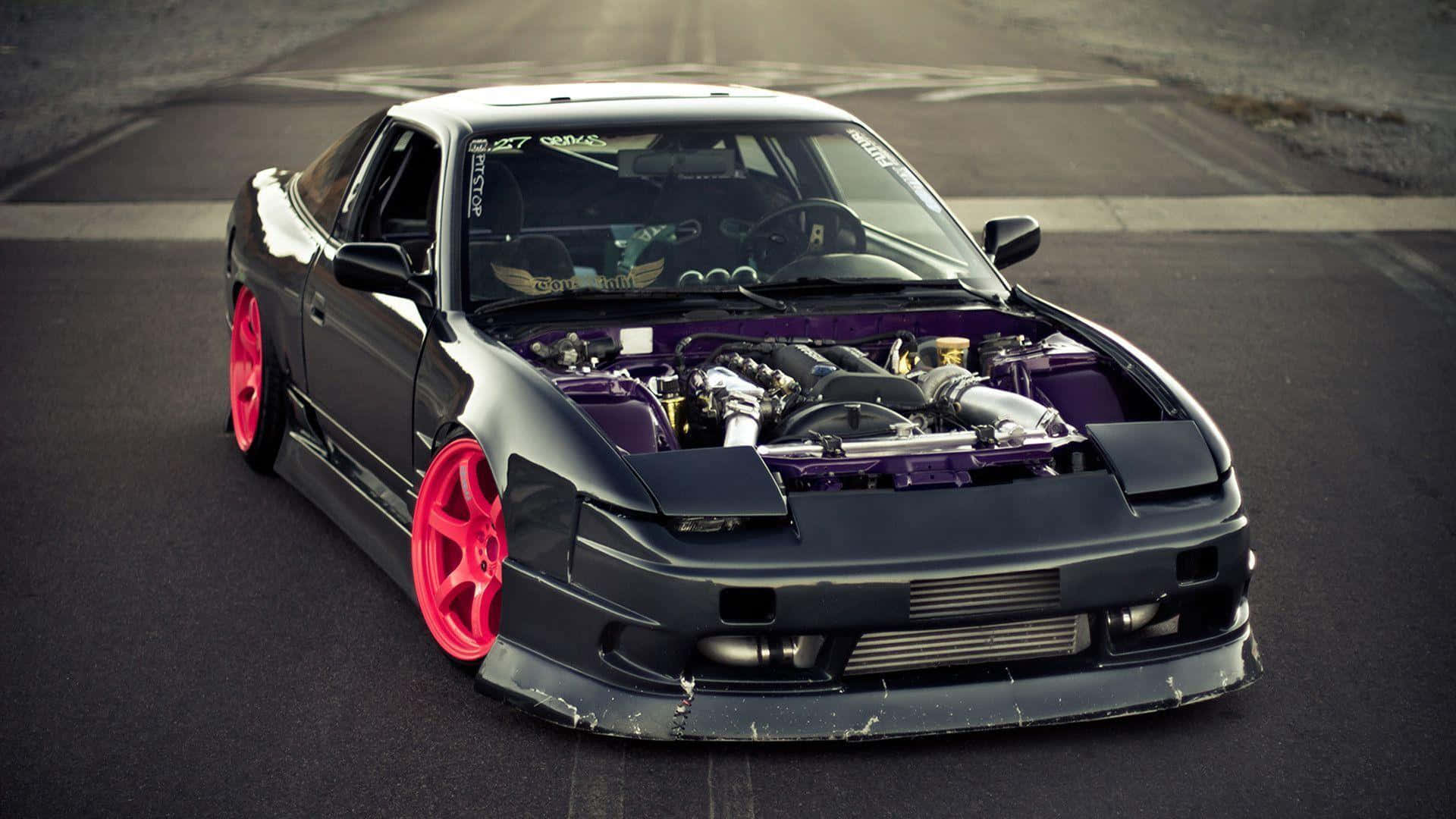 Nissan Silvia S13, black, vibrant pink wheels, Full HD Desktop Wallpaper