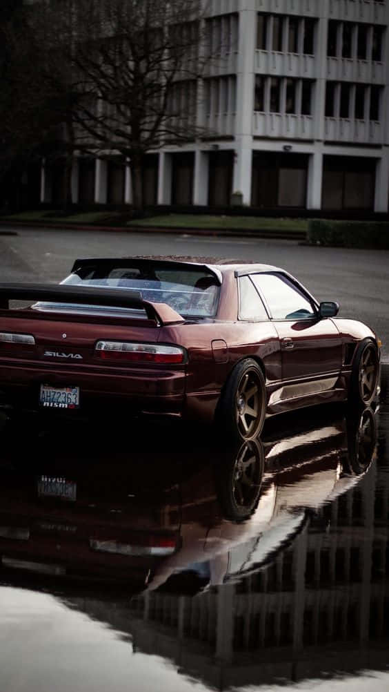Nissan Silvia S13, maroon, rain puddle, SD Phone Wallpaper