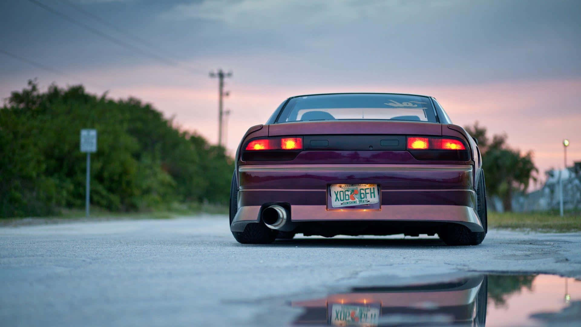 Nissan Silvia S13, maroon sports car, glowing red taillights, Full HD Desktop Wallpaper