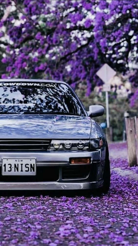 Nissan Silvia S13, silver, vibrant purple blossoms, SD Phone Wallpaper