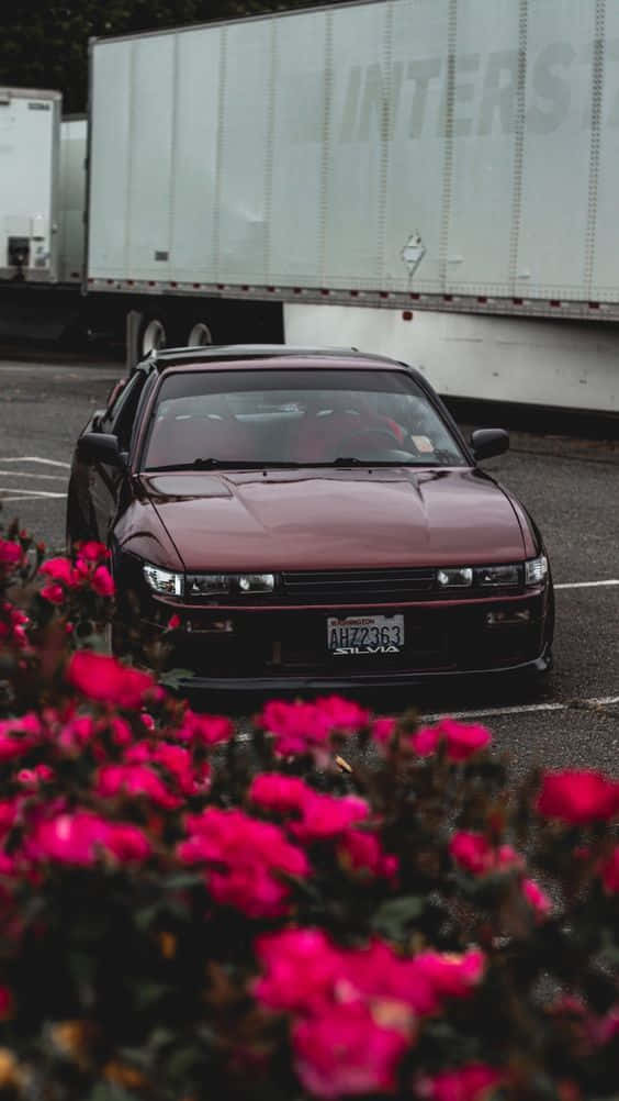 Nissan Silvia S13, maroon, white semi-truck, SD Phone Wallpaper